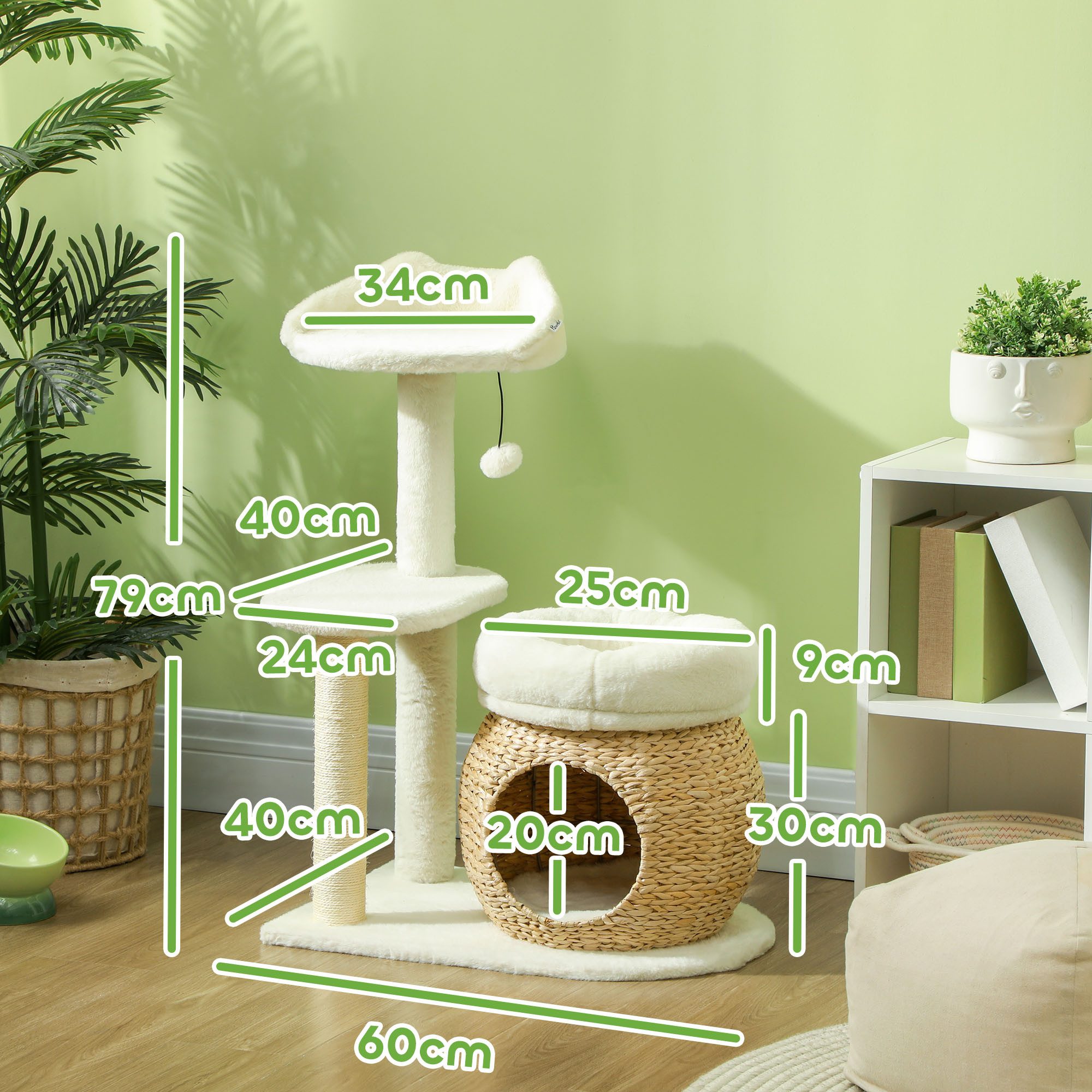 PawHut Kratzbaum Katzenbaum 79 cm, Katzenhöhle, Bett, Spielbälle, Sisal-Kratzsäulen, für Katzen bis 5 kg, Cremeweiß