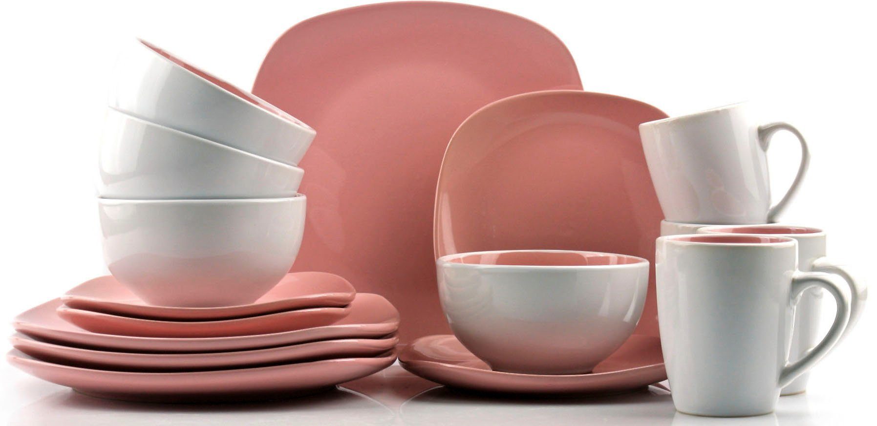 Retsch Arzberg Kombiservice Geschirr-Set, Service NOVA SQUARE PINK/ROSÈ (16-tlg), 4 Personen, Steinzeug, Bicolor-Look im Mix aus Rosè und Weiß, 16 Teile, für 4 Personen