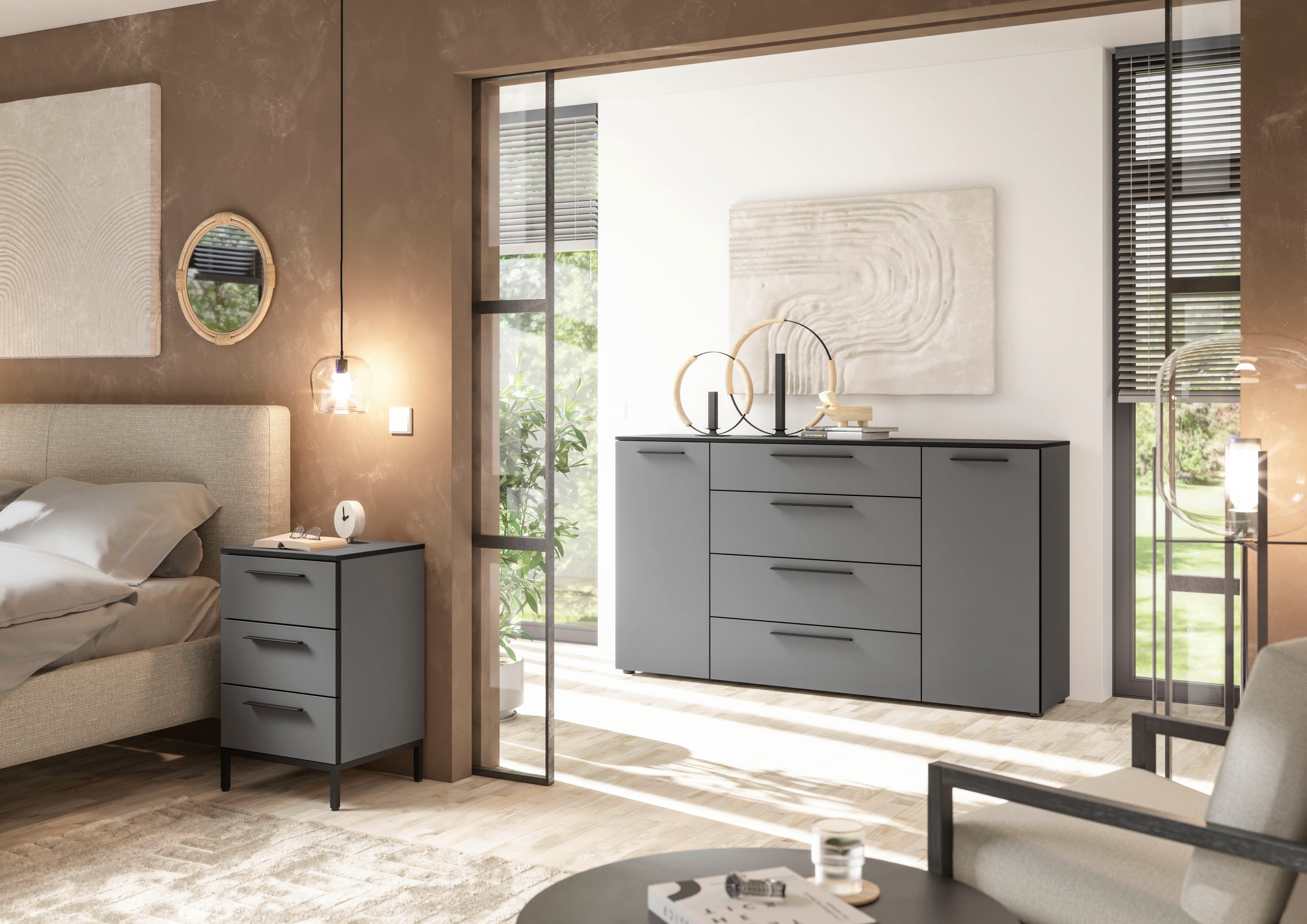 Manjana Möbel Nachtkommode mit Schwarz matten Metallgriffen, mit Soft-Close-Funktion, mit Vollauszug, melaminbeschichtet
