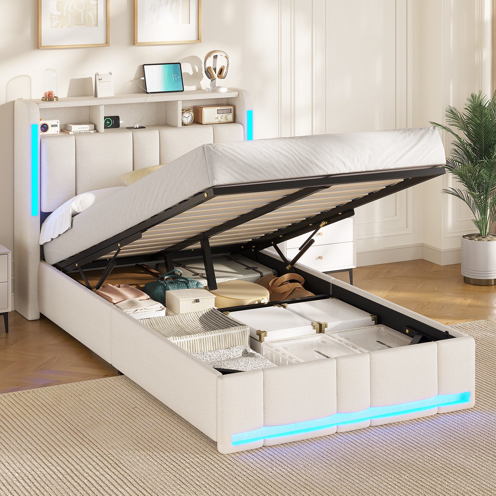 MSMASK Polsterbett 90×200cm, Bett mit Steckdosen & LED Beleuchtung, Stauraum und Kopfteil (Ohne Matratze)