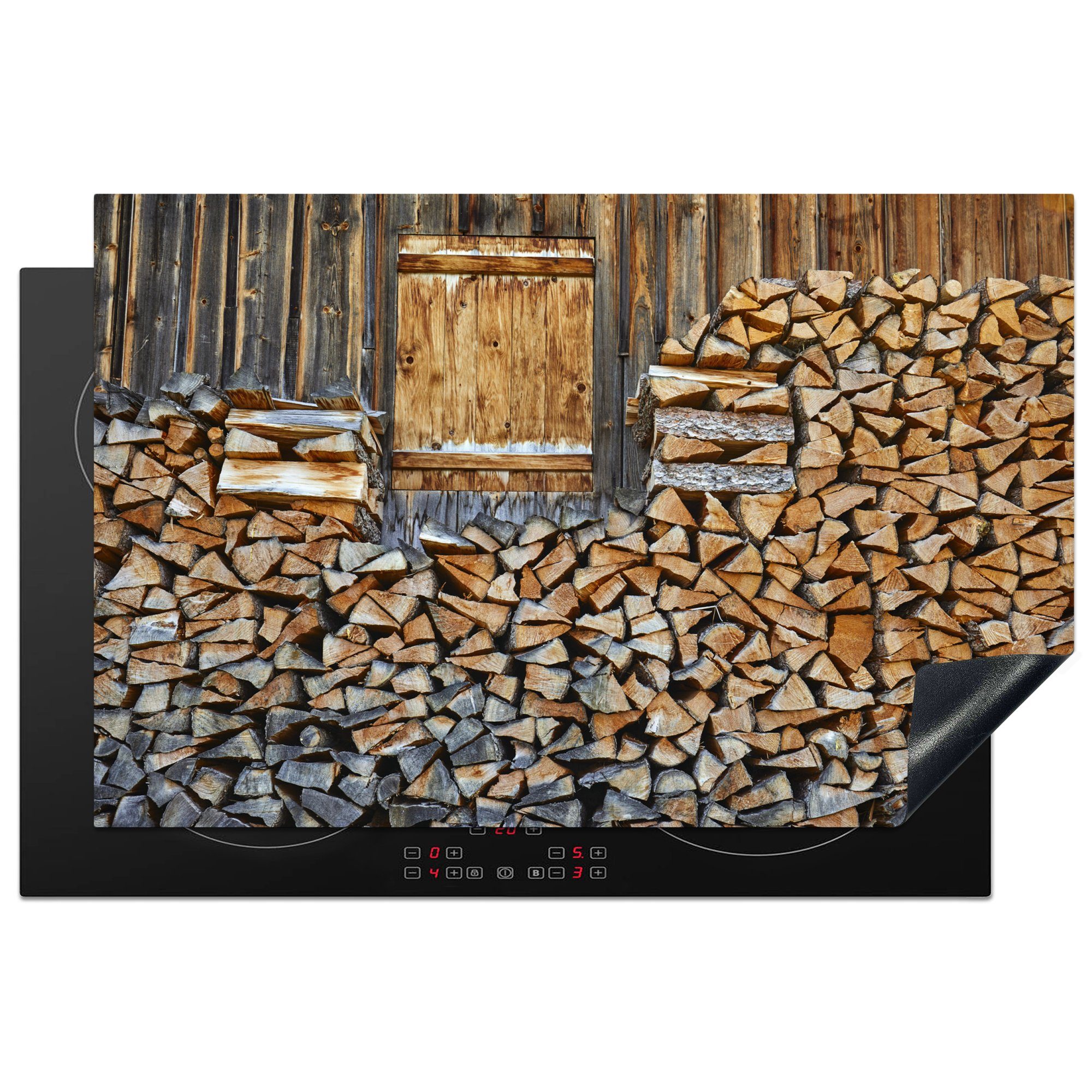 die Herdblende-/Abdeckplatte Brennholz MuchoWow für (1 eine küche, für Schutz Vinyl, 81x52 cm, Ceranfeldabdeckung Holzwand, tlg), Induktionskochfeld