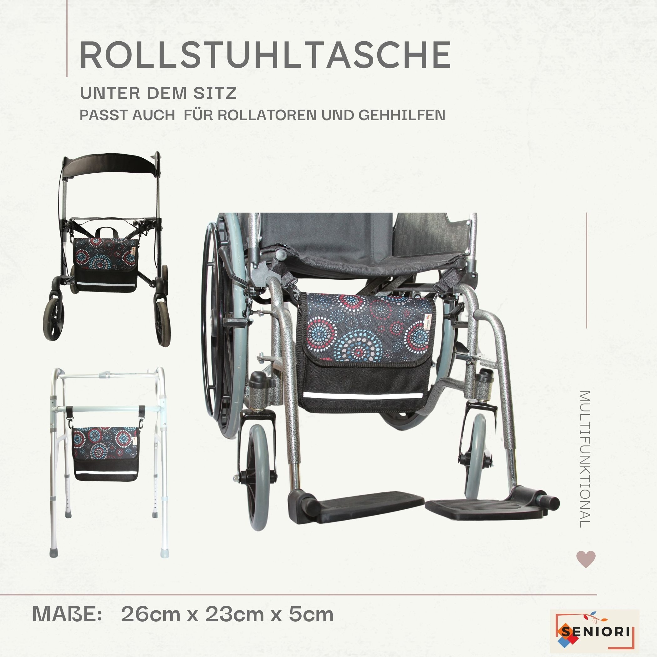 Seniori Aufbewahrungstasche multifunktionale Tasche für Rollstühle UNTER DEM SITZ Rollstuhltasche, 2U - Schwarz