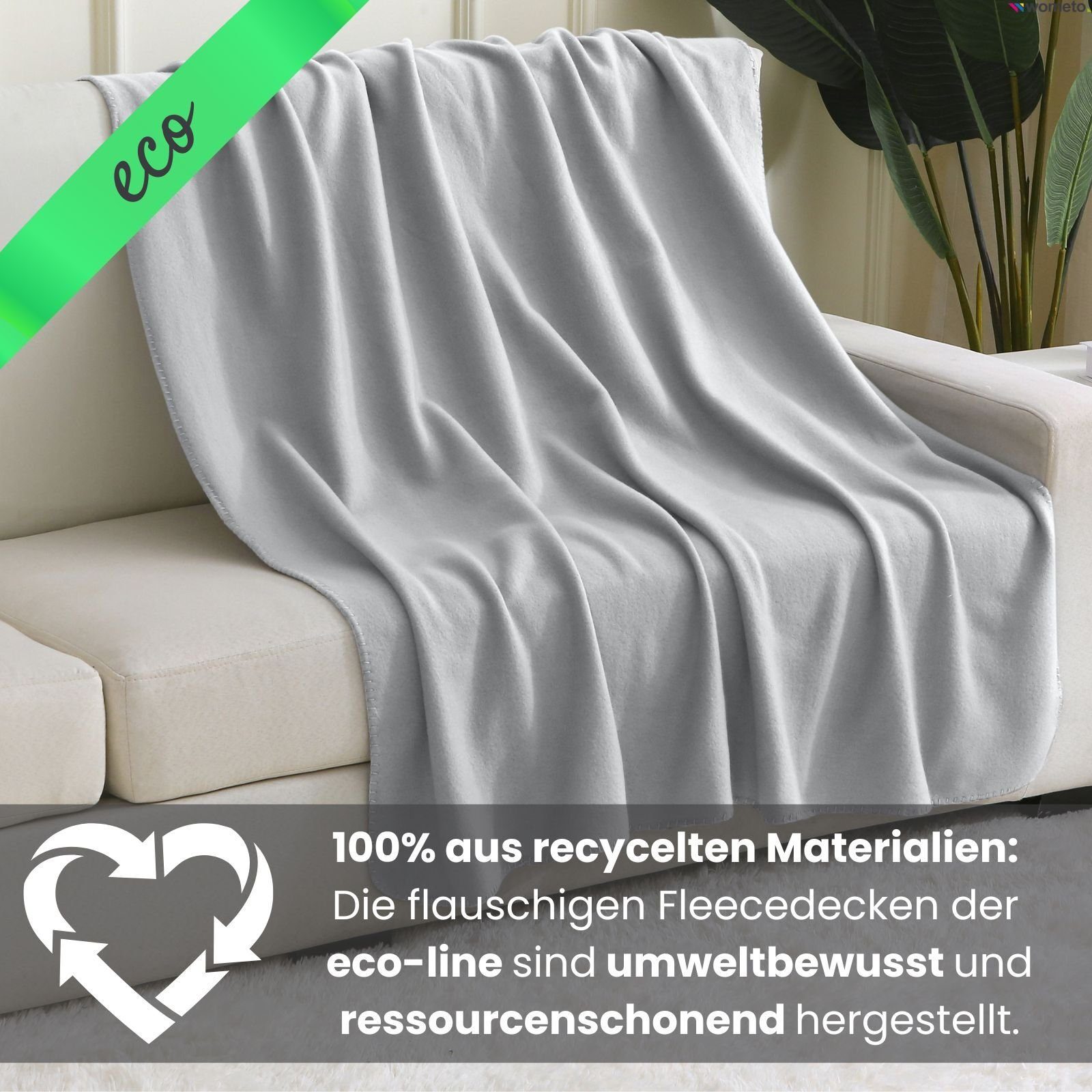 Materialien, 130x160, Anti-Pilling aus Kettel-Einfassung eco-line ca. & 100% hellgrau Wohndecke wometo, mit Fleecedecke recycelten