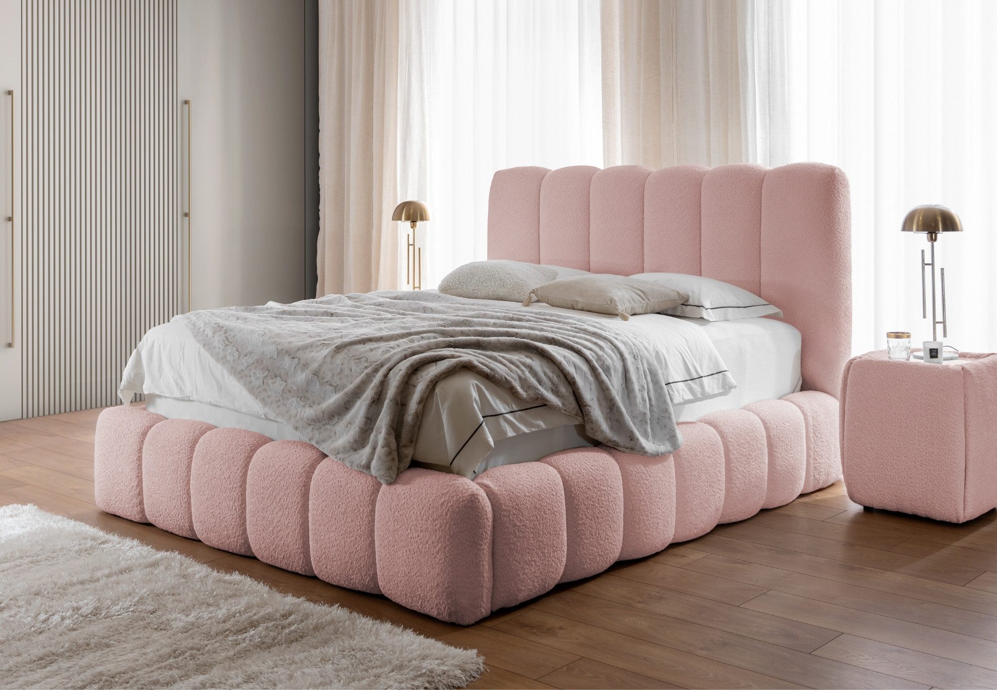 Home Collective Polsterbett Doppelbett Bubble Bettgestell mit Lattenrost und Stauraum Bouclé-Bezug (Verfügbare Größen:120x200, 140x200, 160x200, 180x200, 200x200 cm), modernes Design mit Steppung im Bouclé-Look Rosa