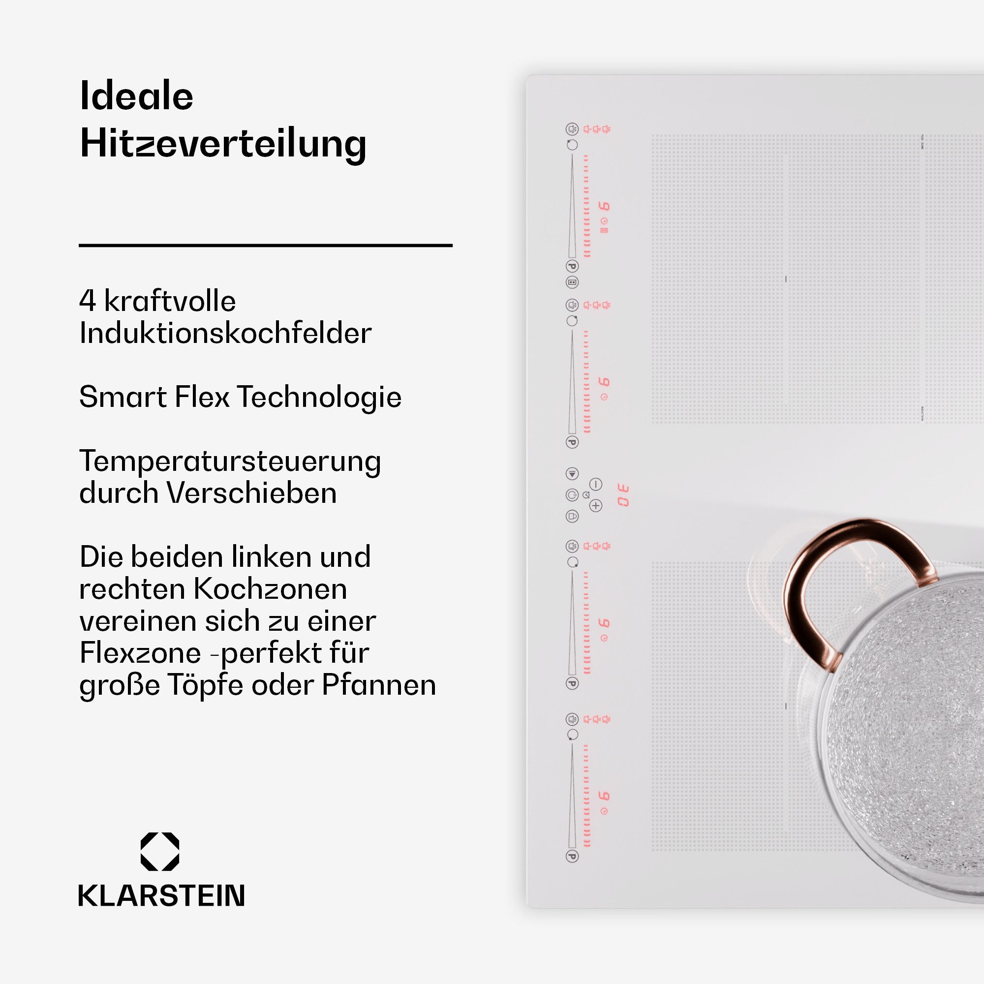 Klarstein Induktions-Kochfeld Masterzone CP14-Mstrzone-60F-WH, Kochfelder Induktion Hob Gas Hob Flex 4 Zonen