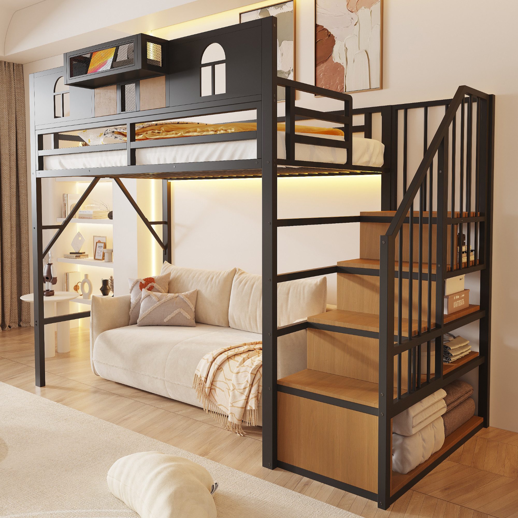 Odikalo Kinderbett Hochbett Bettgestell Jugendbett Stauraum Metallrahmen 140x200 90×200 (Metall Mit Stauraumleiter und Lichtleiste Mit Ablagefach Fenster Holzplatten und Metallgitterelementen Erhöhte Umzäunung Stabiler Metallrahmen Ohne Matratze)