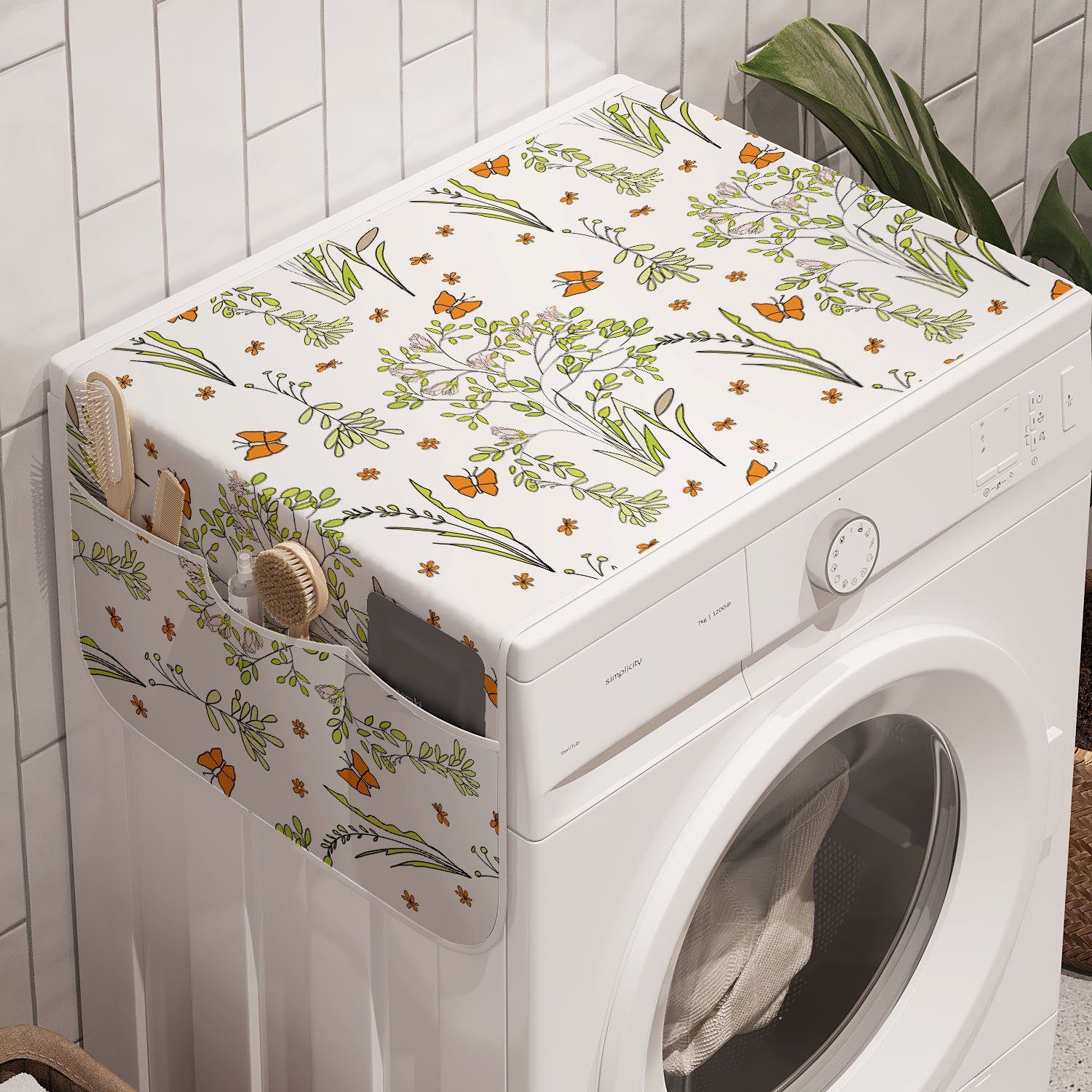 Abakuhaus Badorganizer Anti-Rutsch-Stoffabdeckung für Waschmaschine und Trockner, Frühling Schmetterlinge und Pflanzen Kunst