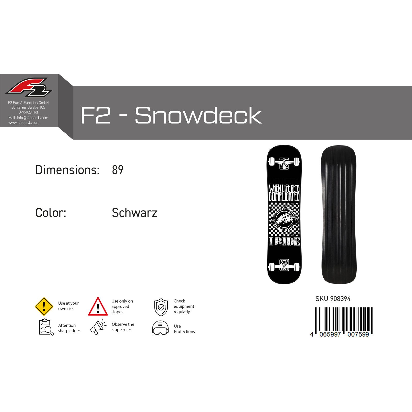 F2 Snowboard F2 Snowboard Snowdeck Schnee Skateboard 89cm Schwarz 2024/25