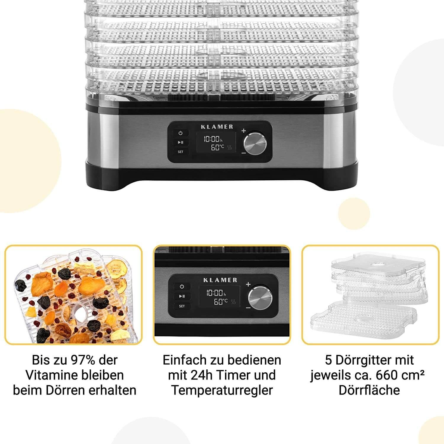 KLAMER Dörrautomat Edelstahl 400W, 5 Etagen, 24h Timer, 35–70°C Temperaturregler, BPA-fr… 400 W, 5 Etagen, gleichmäßige Trocknung, präzise Temp., Gitter & Decke – Bild 5 von 5