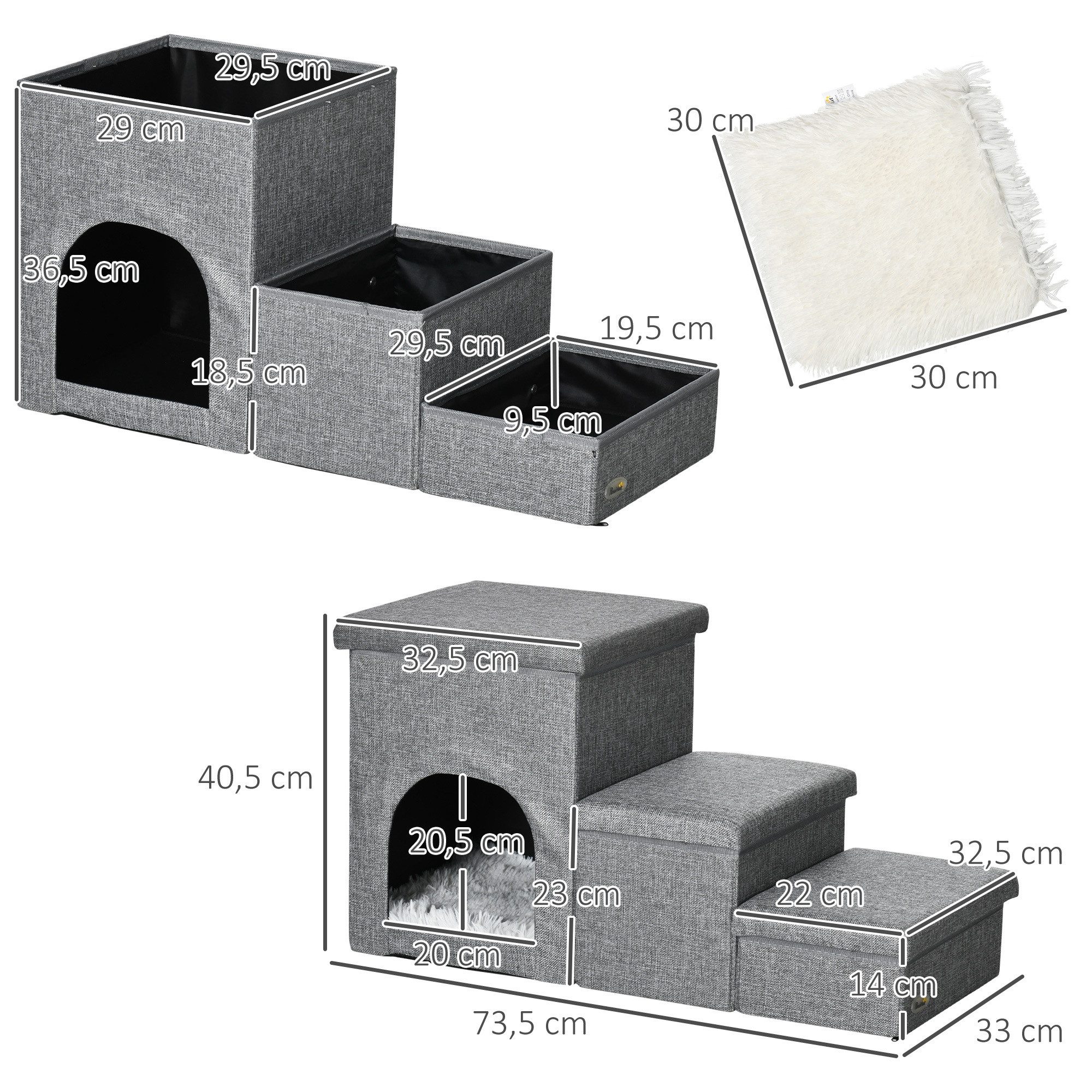 PawHut Haustiertreppe 3 Stufige Katzentreppe Hundetreppe mit Höhle (Haustierleiter, 1-St., Tiertreppe), Leinen, Hellgrau 73,5 x 33 x 40,5 cm