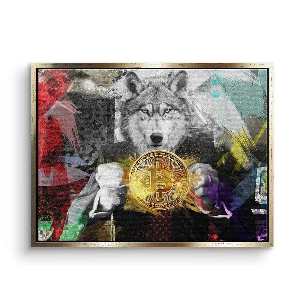 DOTCOMCANVAS® Leinwandbild Bitcoin Wolf, Premium Leinwandbild - Crypto - Bitcoin Wolf - Trading - Motivation goldener Rahmen