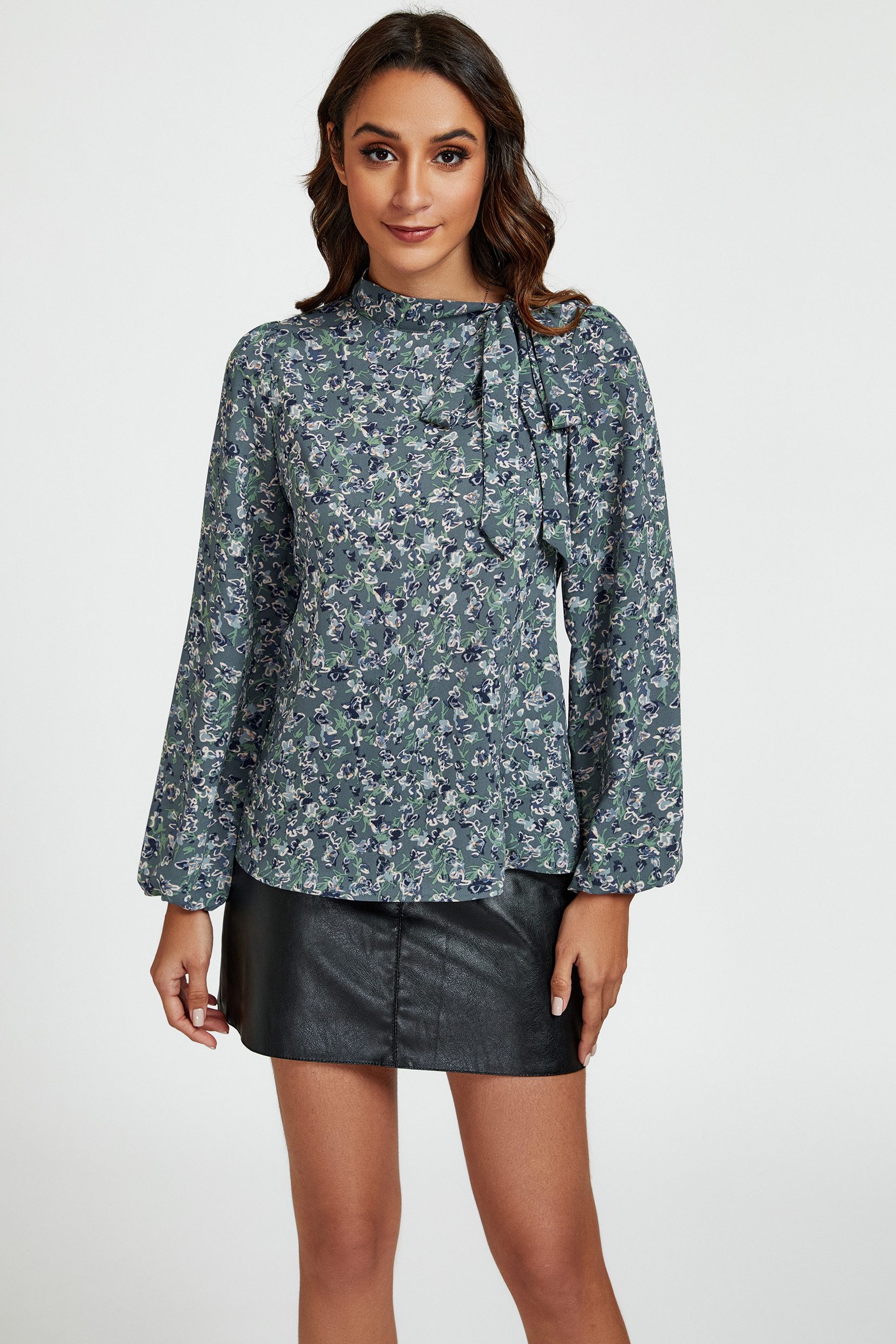 FS Collection Langarmbluse Damen Bluse - Blusenoberteil mit Geoprint und seitlicher Bindeschleif (XS (UK 8 / EU 36) S (UK 10 / EU 38) M (UK 12 / EU 40) L (UK 14 / EU 42) XL (UK 16 / EU 44), 4 Farben : Grüngeo, Blaugeo, Olivegeo und Winegeo) Leicht, Glatt, Atmungsaktiv und Formbeständig