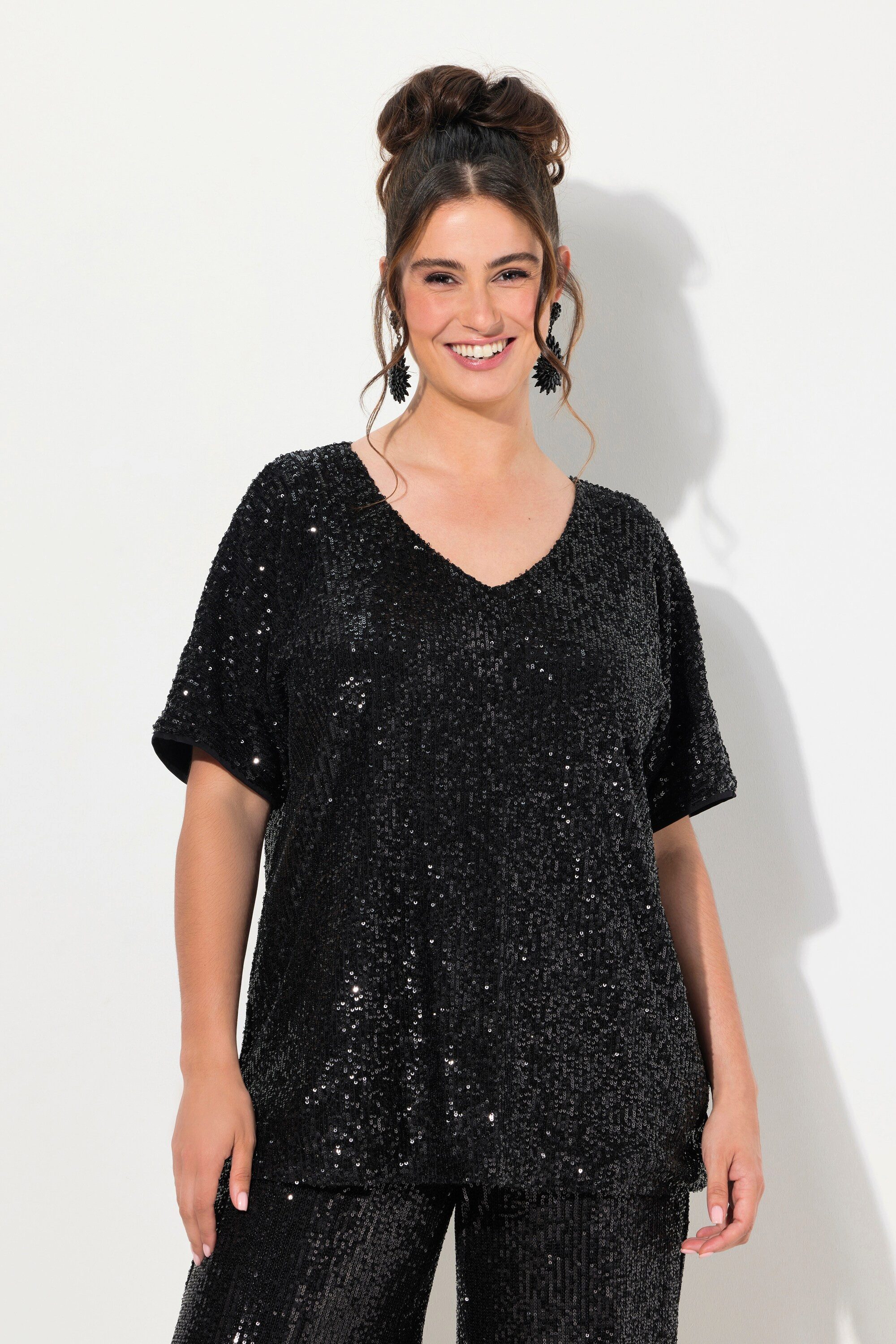 Ulla Popken T-Shirt Pailletten-Shirt Oversized V-Ausschnitt günstig online kaufen