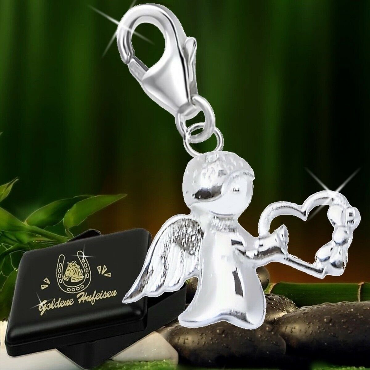 Goldene Hufeisen Charm Engel Engel Karabiner Charm Anhänger für Bettelarmband aus 925 Silber (inkl. Etui), für Gliederarmband oder Halskette