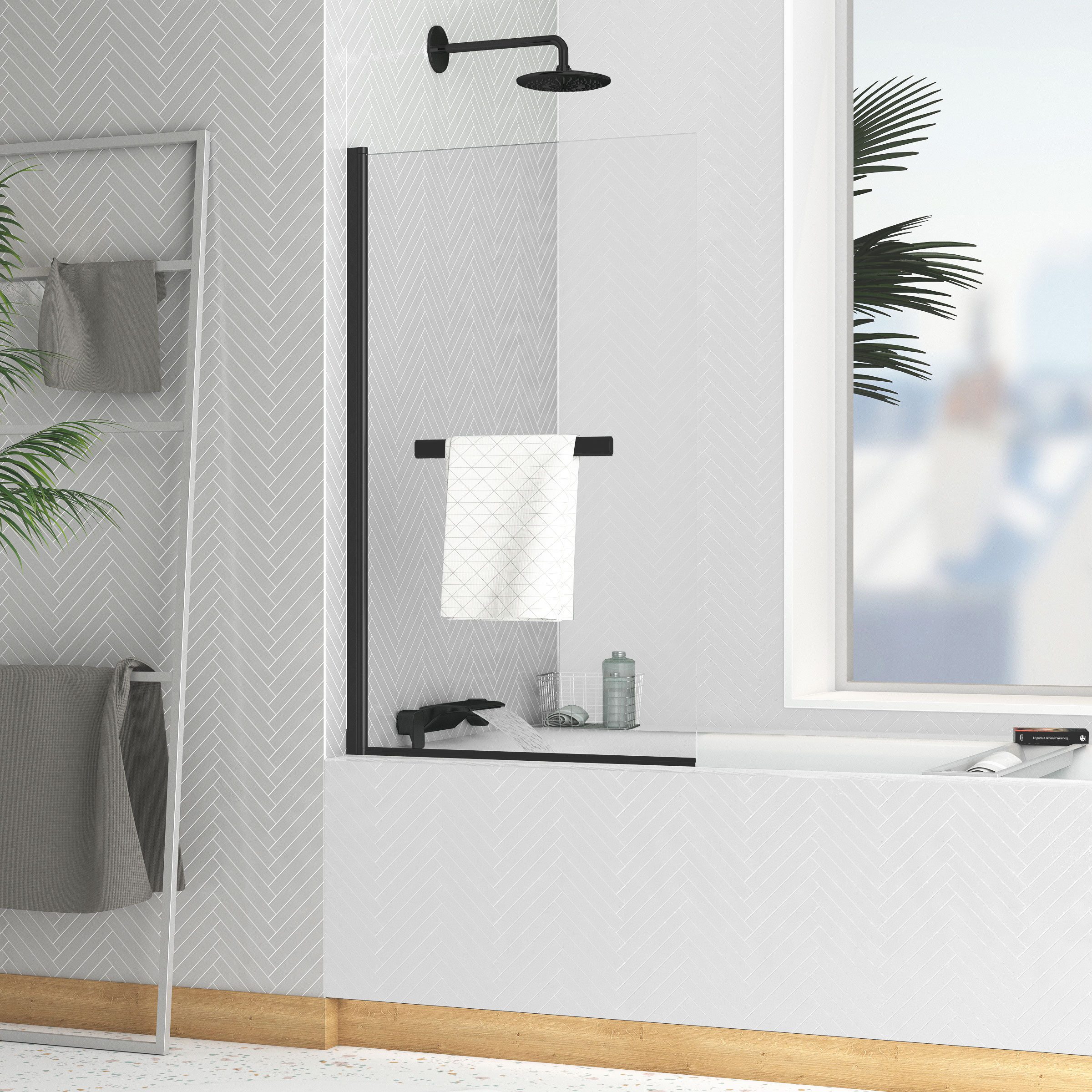 Marwell Walk-in-Dusche Black Touch, Einscheibensicherheitsglas, für Badewanne, mit Handtuchhalter