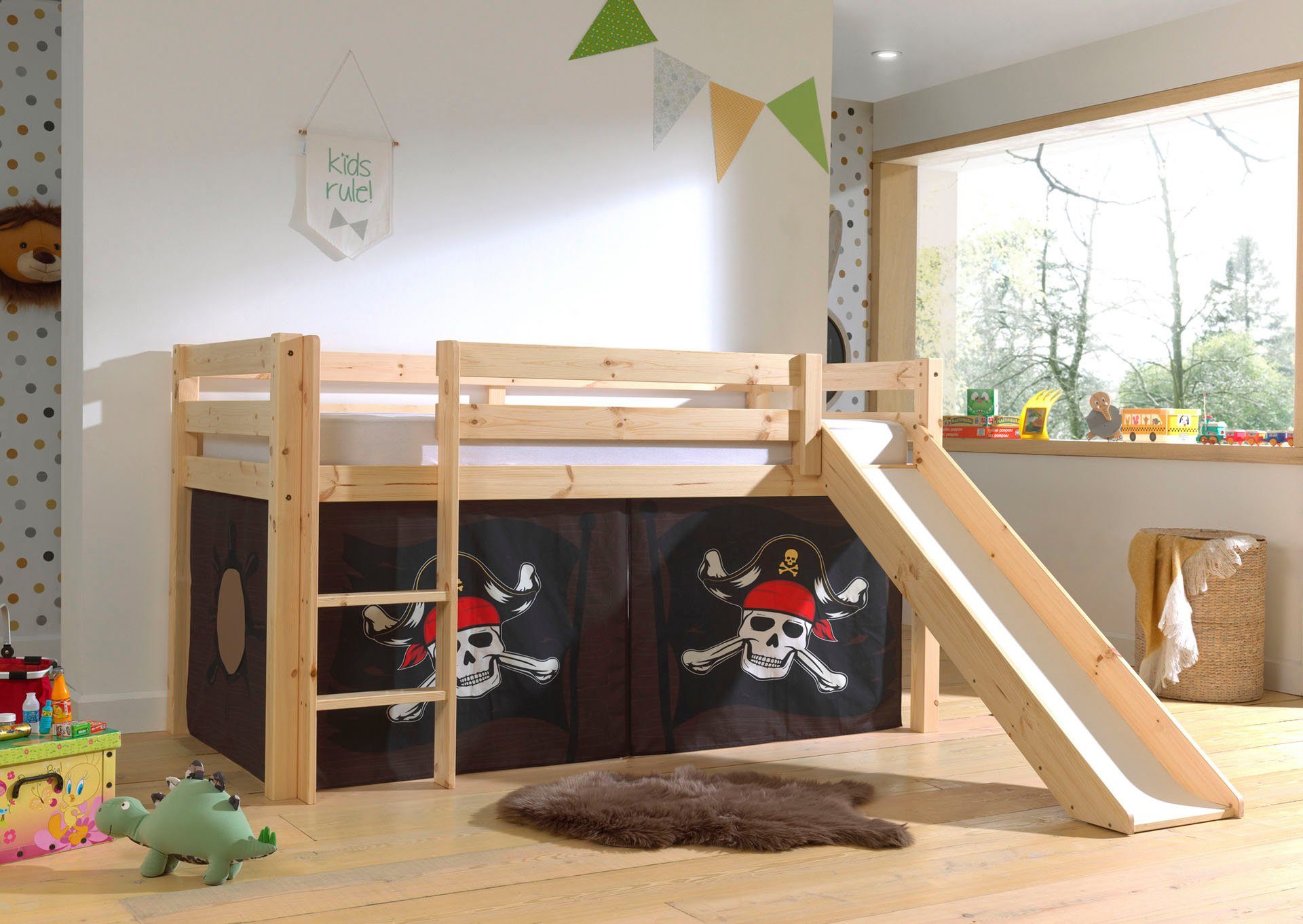 Vipack Spielbett Pino, Kiefer massiv, mit Rolllattenrost u. Textil-Set, Made in Europe (B/H/T ca. 210x114x218cm, mit Absturzschutz, Leiter und Rutsche), verschiedene Textil-Designs und Holzfarben zur Wahl