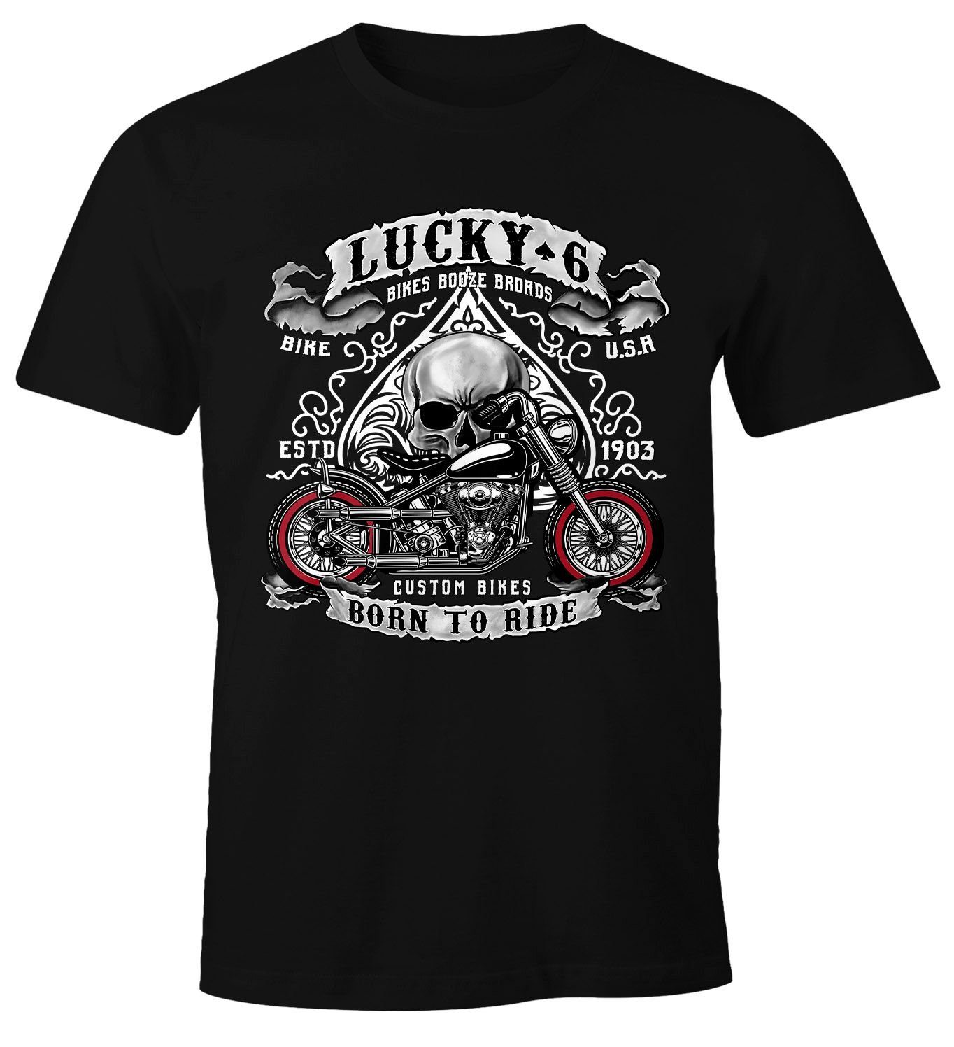 MoonWorks Print-Shirt Herren T-Shirt Biker Shirt Lucky 6 Totenkopf Pik Moto günstig online kaufen