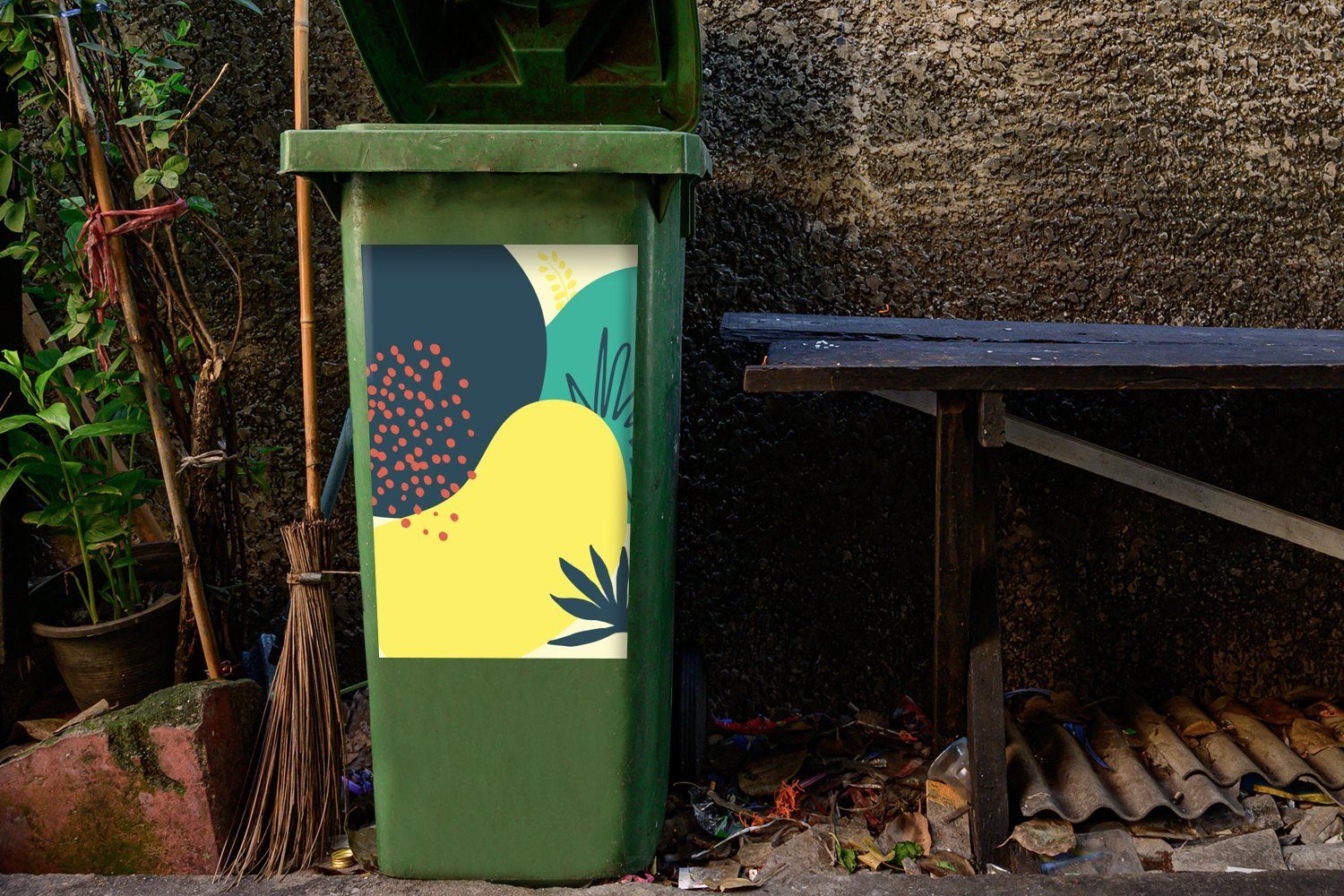 Wandsticker Sommer Mülltonne, Sticker, St), Abfalbehälter Mülleimer-aufkleber, - - (1 - Container, Flecken Blätter Tupfen MuchoWow