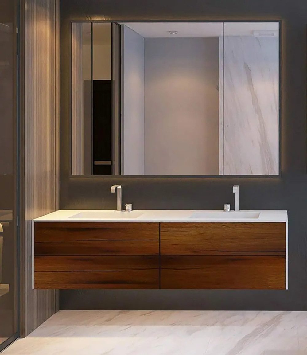 Henneke Doppelwaschtisch Corian® WoodOne+ eckig mit Unterschrank zweireihig