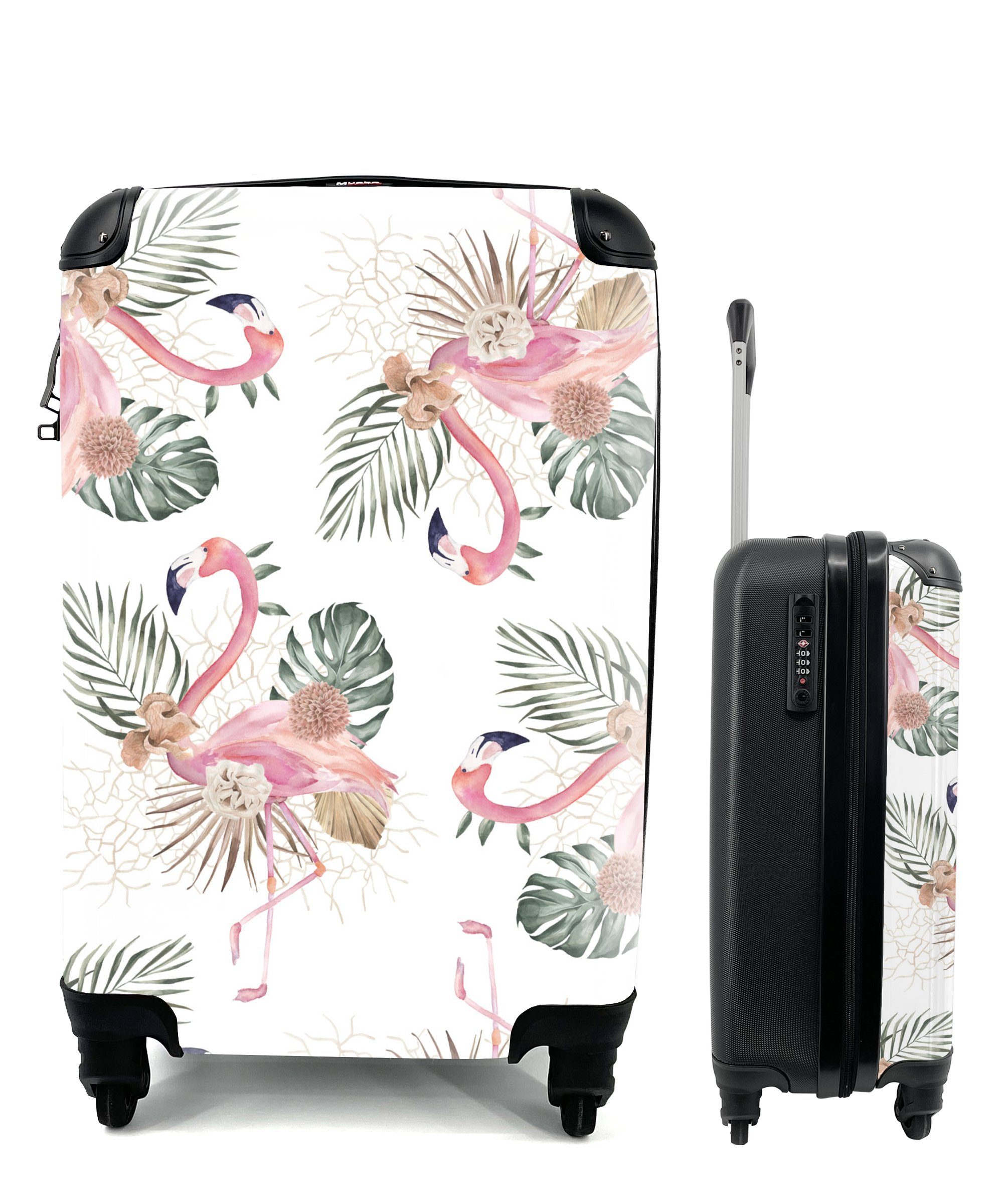 MuchoWow Handgepäckkoffer Muster - Blumen - Flamingo, 4 Rollen, Reisetasche mit rollen, Handgepäck für Ferien, Trolley, Reisekoffer