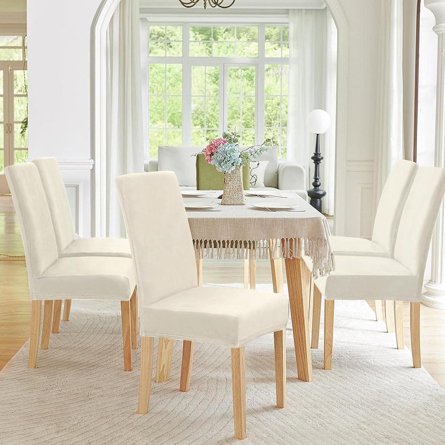 LuxusKollektion Stuhlbezug Stuhlhussen Stretch Samt Schwingstuhl Elastisch Waschbar Beige 6 Stück – Bild 2 von 5