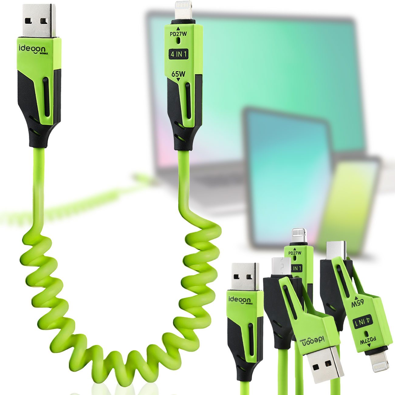 shop'n smile ideoon 4in1 Spiralladekabel 65W 1,5m USB-C auf USB-C Multi-Kabel mit Adaptern Laptop-Ladegerät (1-tlg., 1er/2er/4er-Set, 65W Multi-Spiralkabel USB-C USB-A & Lightning 1,5m flexibel TPE/Zink)