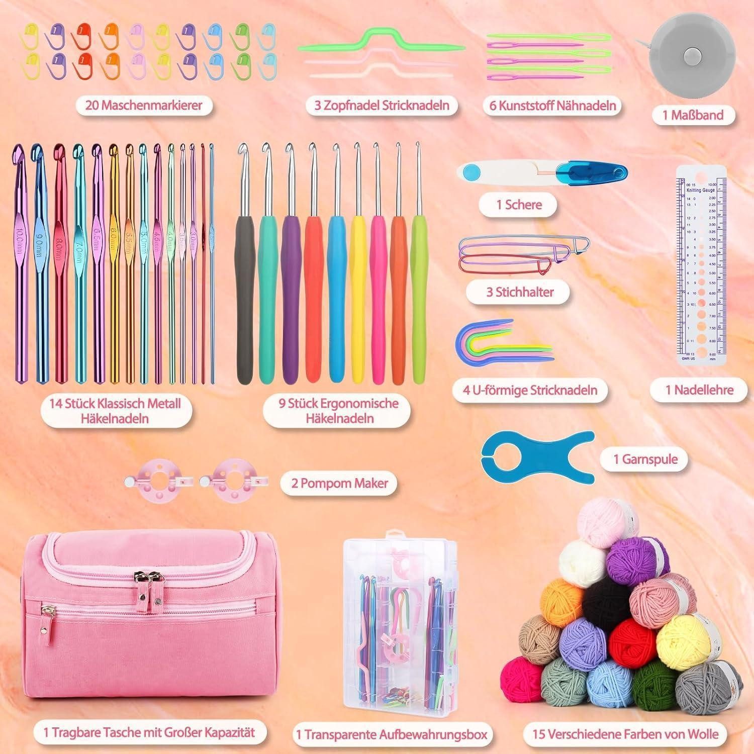 LuxusKollektion Häkelnadeln Häkelset Anfänger Häkelnadelset 15 Wolle Tasche Zubehör Rosa
