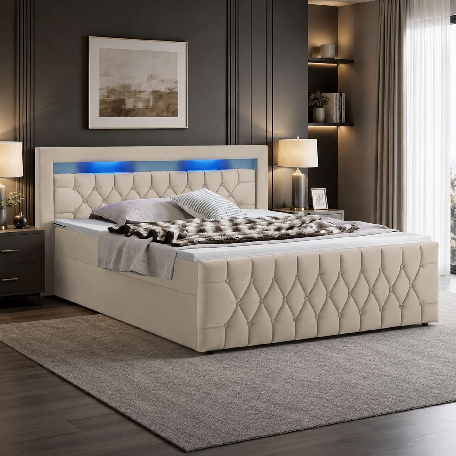 Juskys Polsterbett Leona, 140x200 cm, Boxspringbett-Optik, Samt-Bezug, LED-Licht, H4 Matratze