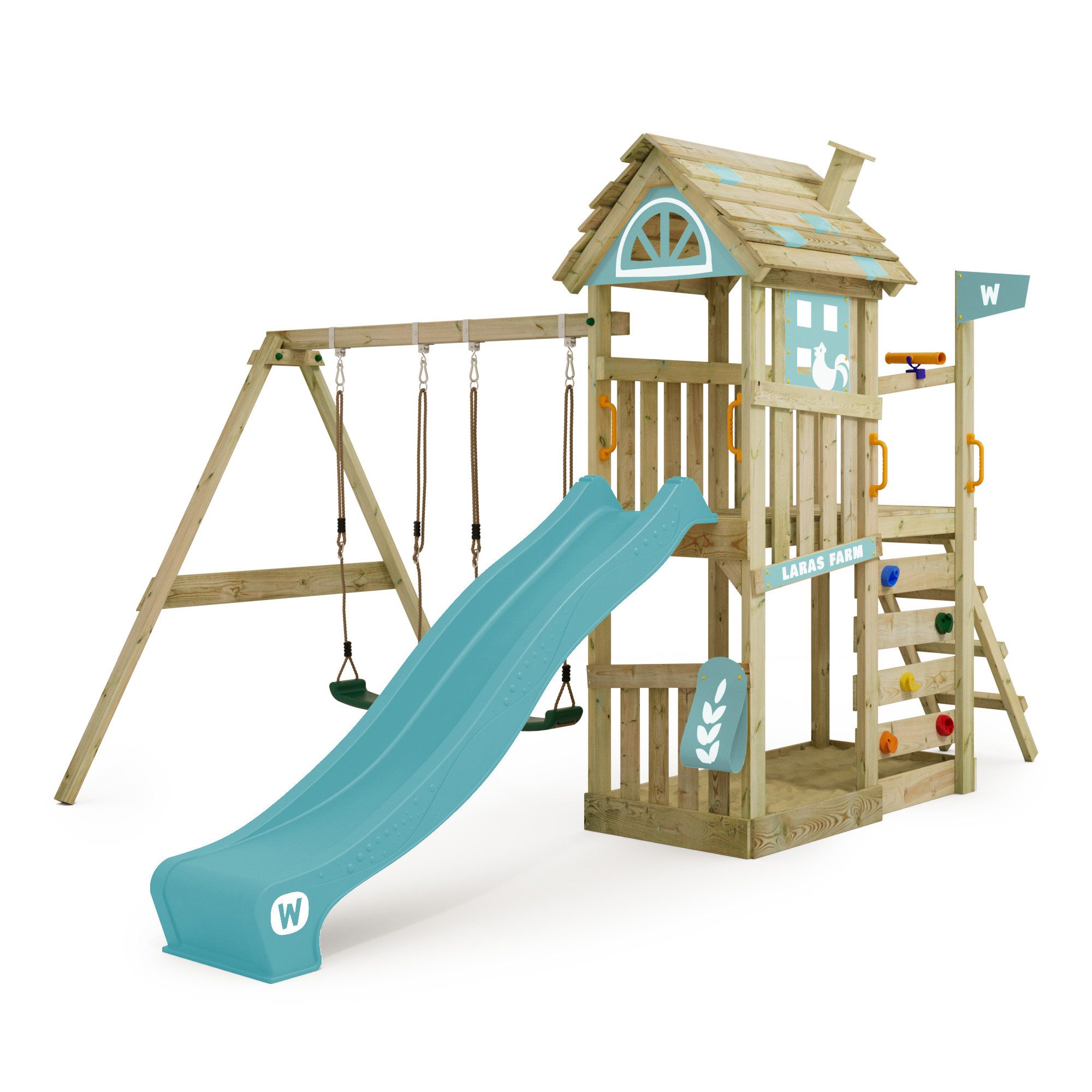 Wickey Spielturm FarmFlyer Spielturm im Farmhausstyle mit Doppelschaukel und Sandkasten, Perfekt für kleine Abenteurer mit 10 Jahren Garantie*