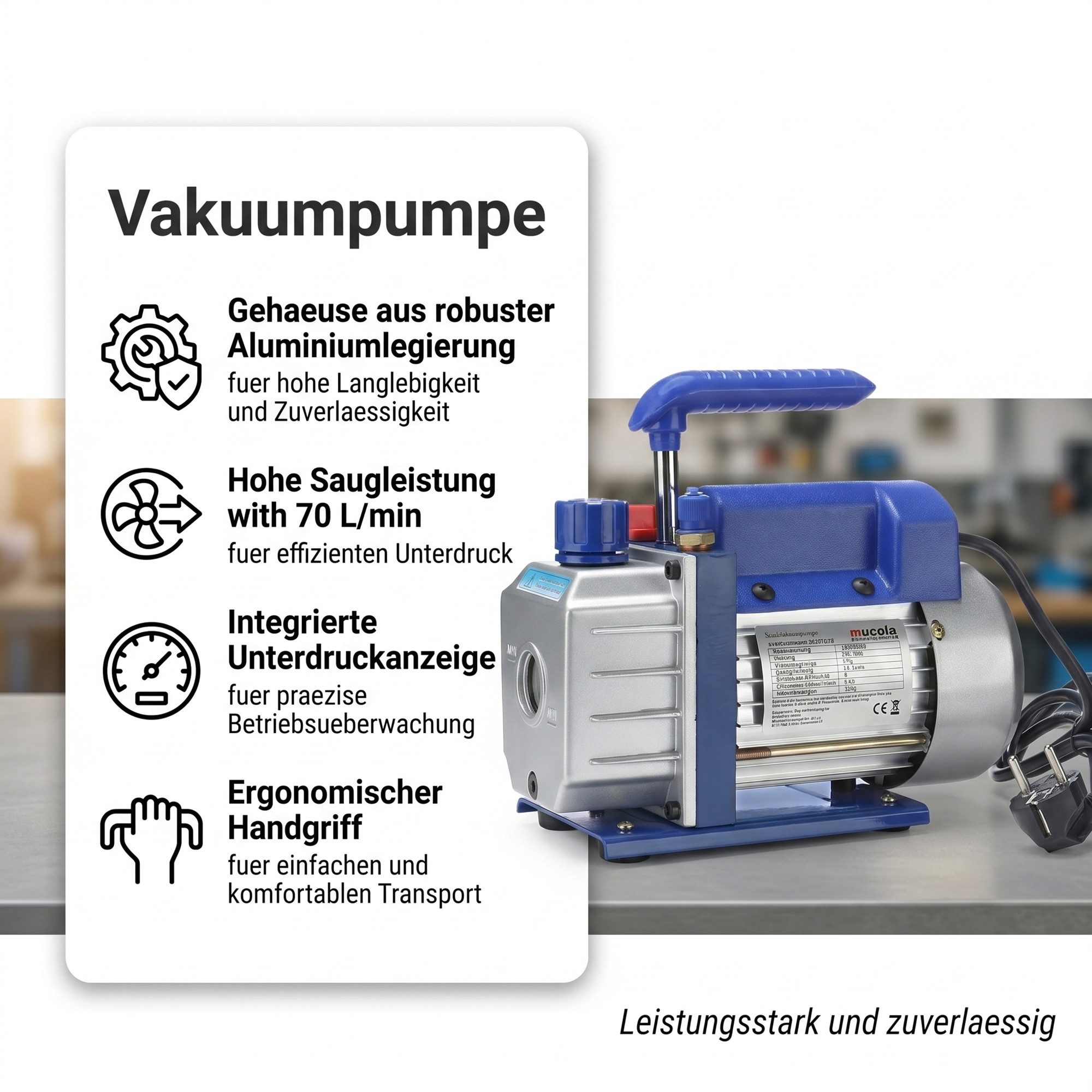 Mucola Klimaanlagenschlauch 70 l/min Vakuumpumpe Unterdruckpumpe Vakuum Pumpe Vacuumpumpe, Zubehör für Universal, Öl-Schauglas