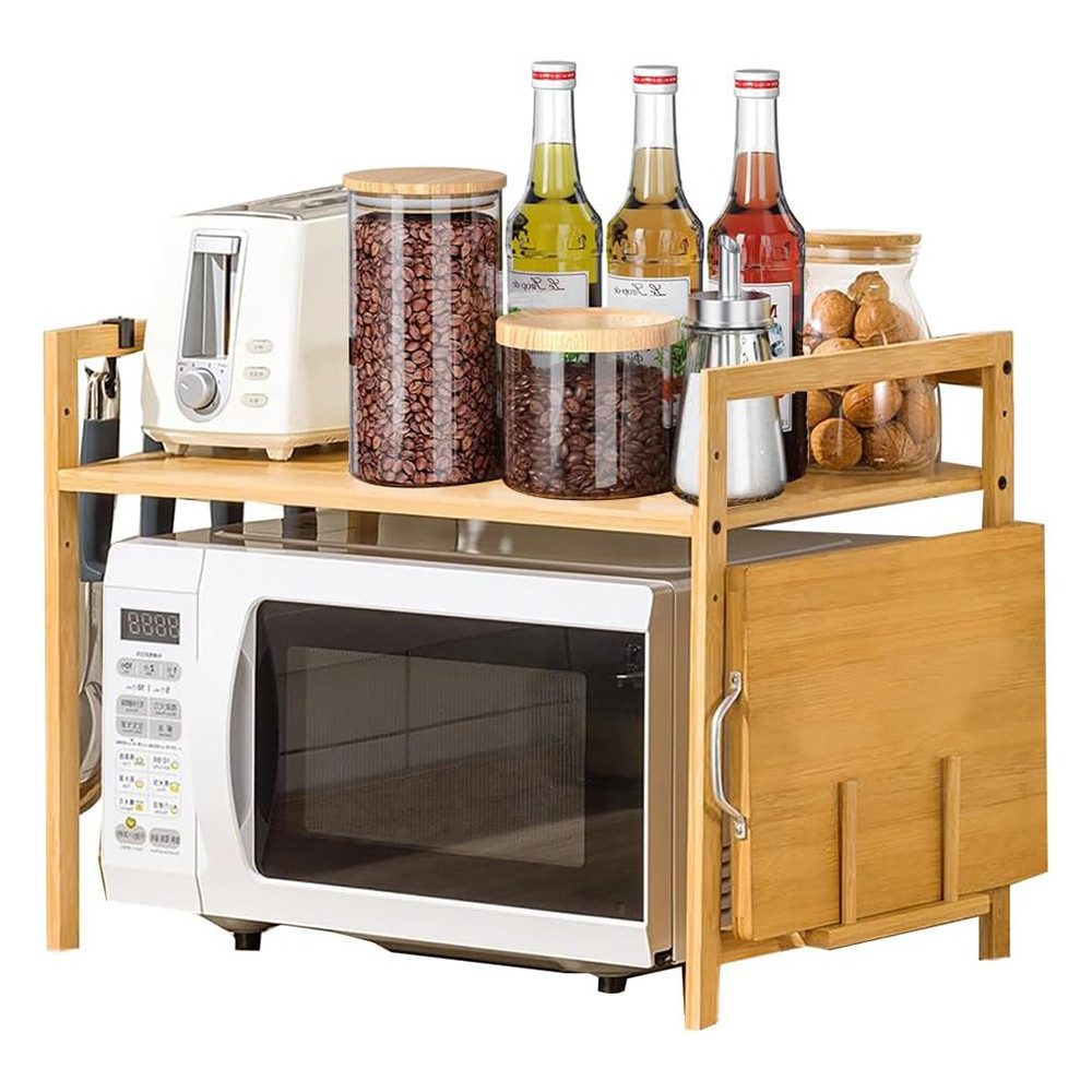 TUWENA Regalelement Bamboo Mikrowellen Regal mit Schneidebrettständer und 4 Hacken, Höhenverstellbar Mikrowellenständer für Arbeitsplatte