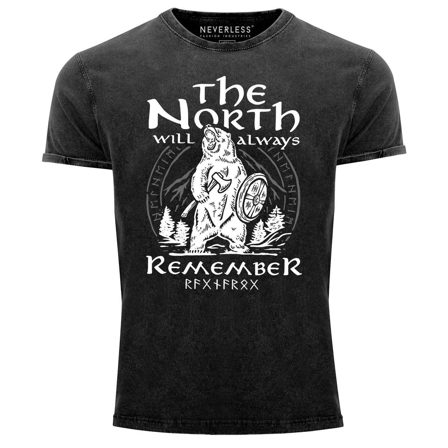 Neverless Print-Shirt Herren Vintage Shirt Bär Wiking Adventure Runen the North Natur Print Aufdruck Printshirt T-Shirt Aufdruck Neverless® mit Print