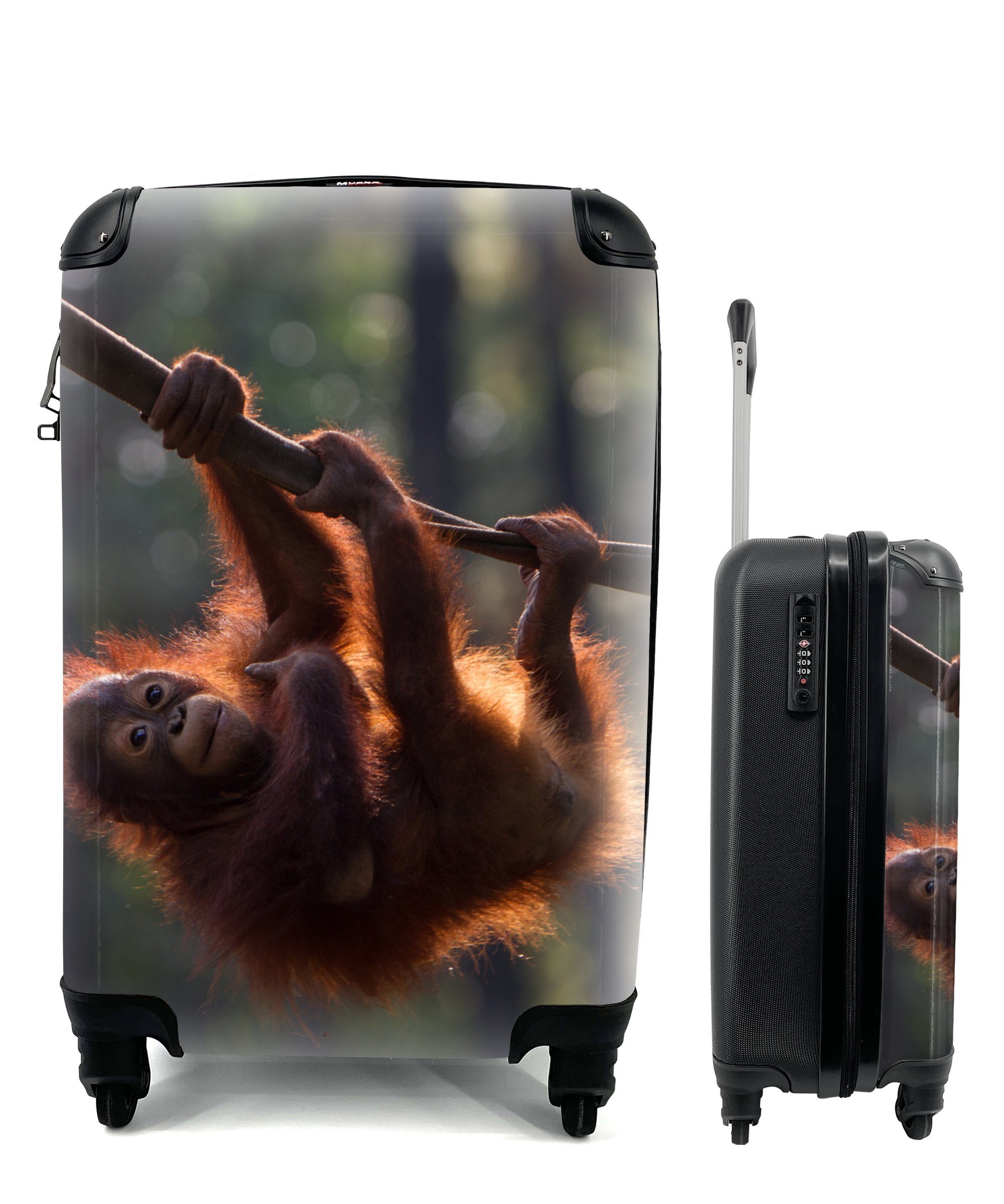 MuchoWow Handgepäckkoffer Junger Orang-Utan hängt an einem Ast, 4 Rollen, Reisetasche mit rollen, Handgepäck für Ferien, Trolley, Reisekoffer
