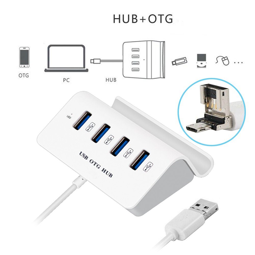 Bolwins A37C USB & micro USB OTG Hub Kabel Adapter Data Bracket Handyhalter USB-Adapter USB 2.0 A, micor USB 5pin zu USB Typ A, 45 cm, 4x USB Typ A Hub, Handyhalter, 2in1 USB Typ A & micro-USB