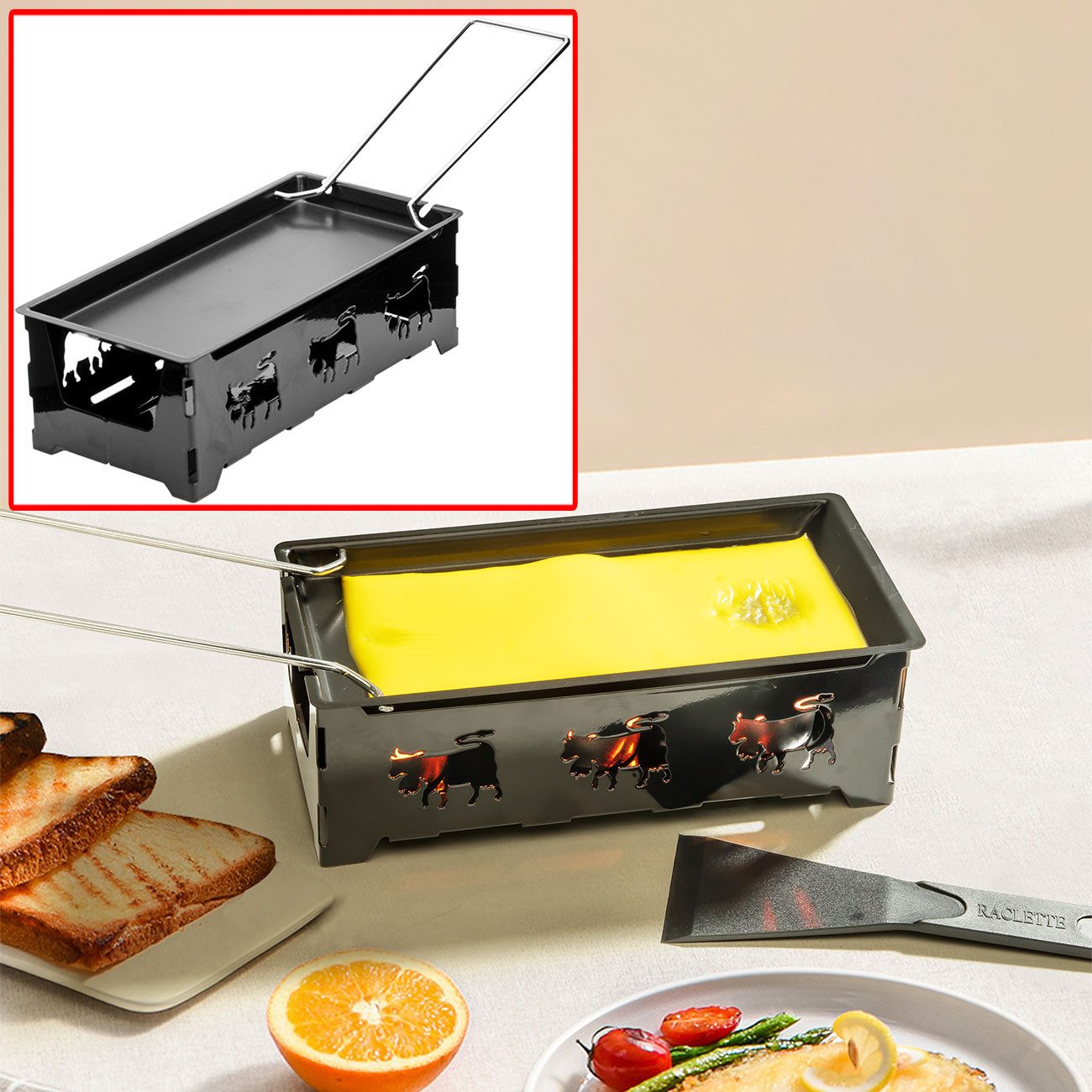 Casativo Raclette Teelicht Raclette Set ohne Strom für 1-2 Personen Metall Antihaft, 3 Raclettepfännchen, mit Kuh-Design/Metallgestell/Klappgriff