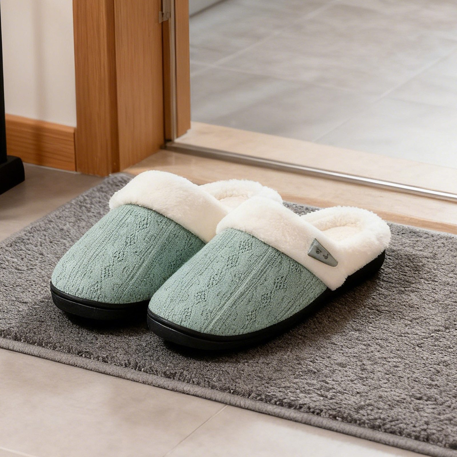 MODFU Flausch-Hausschuhe Bequeme Strickslipper Indoor Slipper Plüsch Hausschuhe (Atmungsaktives Strickobermaterial mit elegantem Farbdesign, 1-tlg., Plüsch-Strickslipper mit Memory-Schaum rutschfester Gummisohle) Unisex-Design für unterschiedliche Fußformen und Innenbereiche