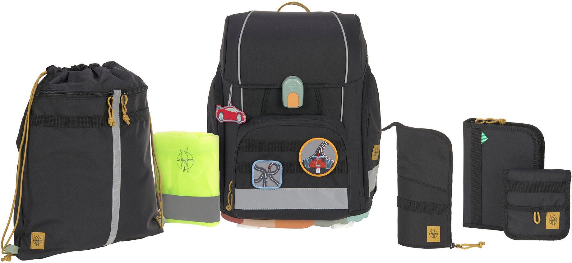 LÄSSIG Schulranzen Unique, Boxy, Black (Set, 7-tlg), PETA-approved vegan, aus recycelten PET-Flaschen