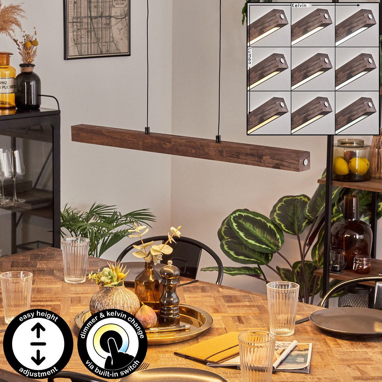 hofstein Pendelleuchte dimmbare Hängelampe aus Metall/Holz/Kunststoff in Schwarz/Dunkelbraun, LED wechselbar, 3000-6000 Kelvin, skandinavisches Design, Touchdimmer, LED 20 Watt, 2100 Lumen