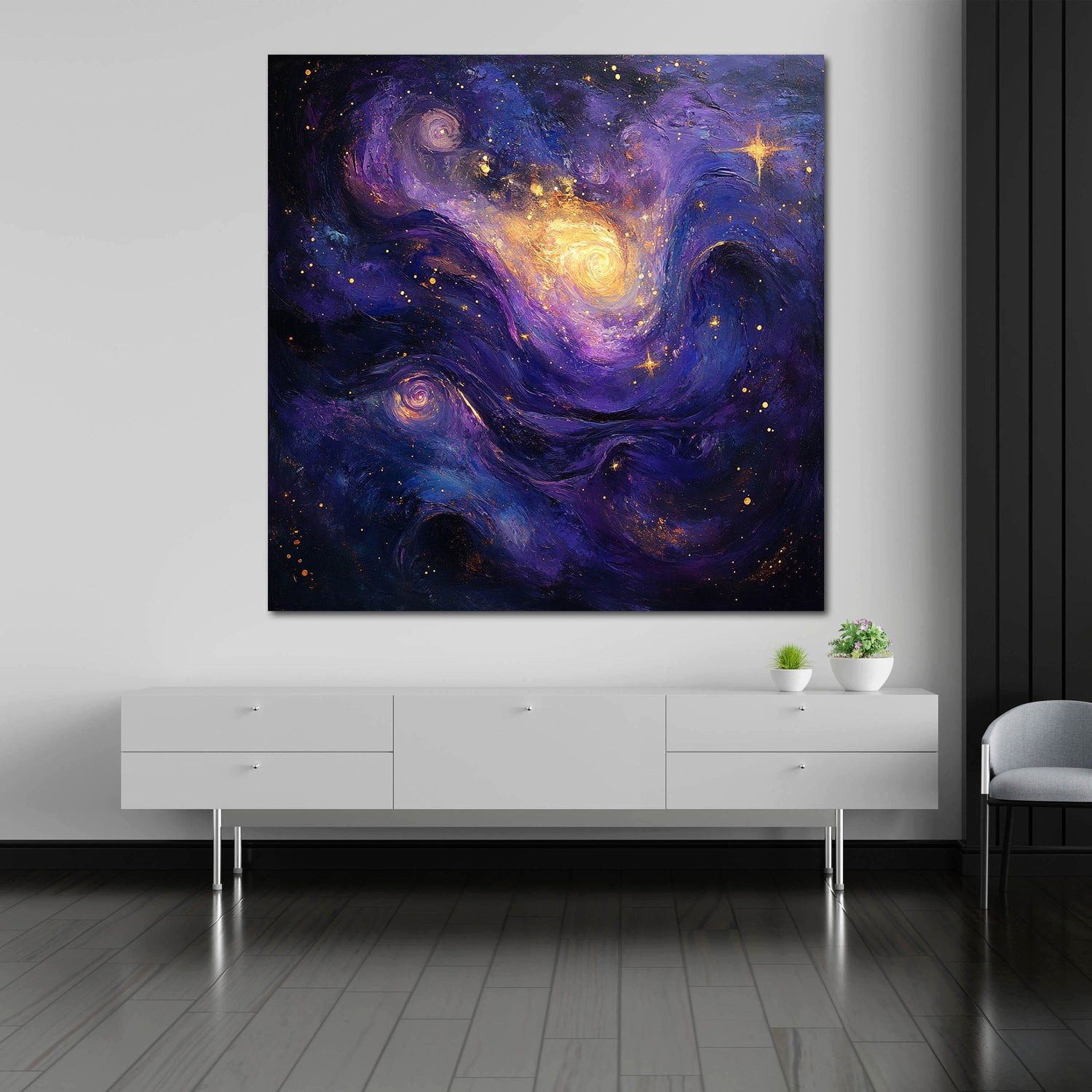 Artedinoi Leinwandbild Galaxie Lila Gold Sterne abstrakt Leinwandbild Wandbild Kunstdruck XL, Galaxie in Lila-Gold