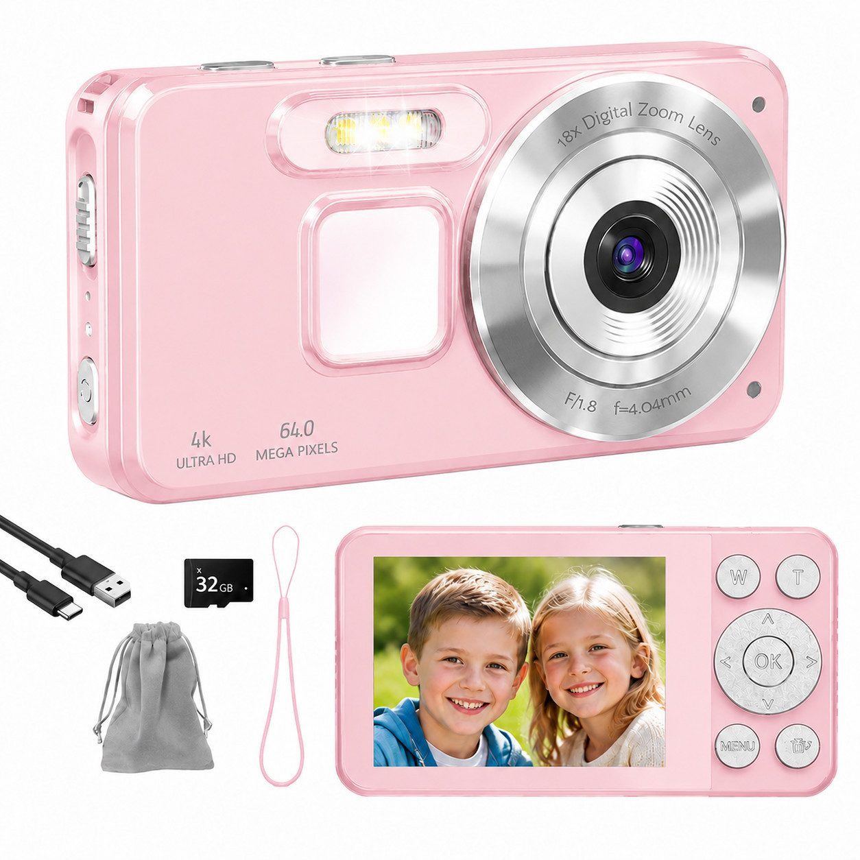 XEOOCE Digitalkamera 4K 64MP 2,8 Zoll LCD 18x Zoom Vlog Kamera Kompaktkamera (64 MP, 32-GB-SD-Karte, Transporttasche, USB-C-Kabel)