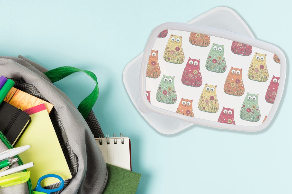 Kinder, Katze für Muster Kunststoff, - Kinder Blumen - Jungs Mädchen Lunchbox weiß - - Kinder - für Brotbox Erwachsene, (2-tlg), und und Brotdose, Mädchen - MuchoWow Mädchen