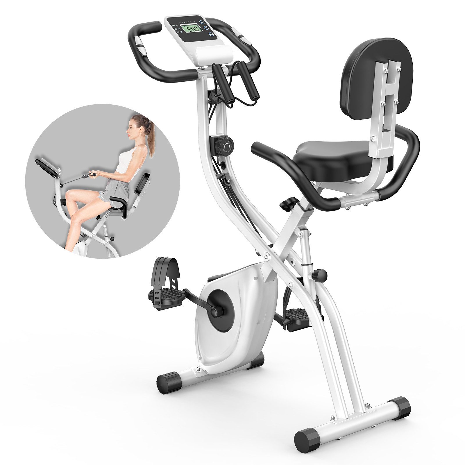 Gywowken Heimtrainer Fitnessbike - Hometrainer Fahrrad Klappbar (klappbarer Heimtrainer, LCD-Display, Handpulssensoren), mit 8 Stufen verstellbarem Magnetwiderstand und Spannseil