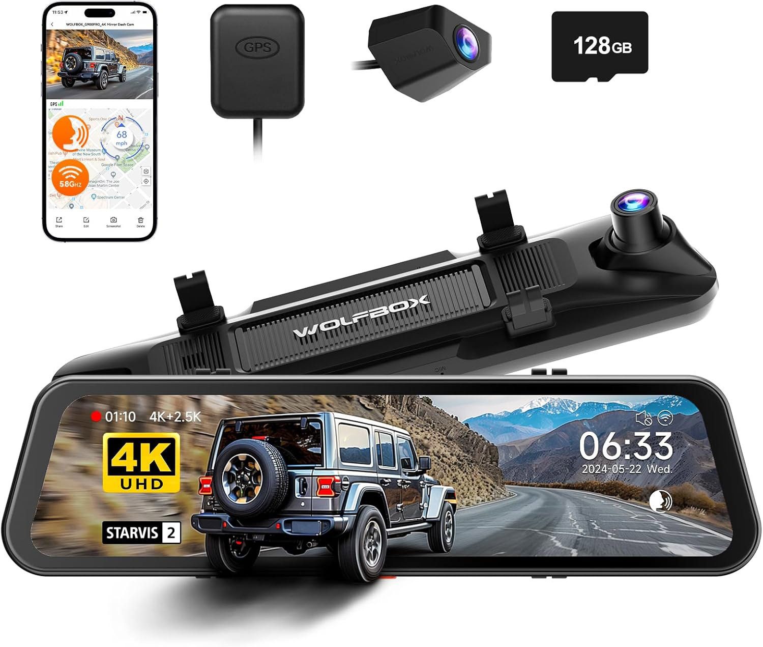 WOLFBOX G900Pro, 12MP WiFi Touchscreen Rückspiegel Dashcam Smart Spiegel Rückfahrkamera