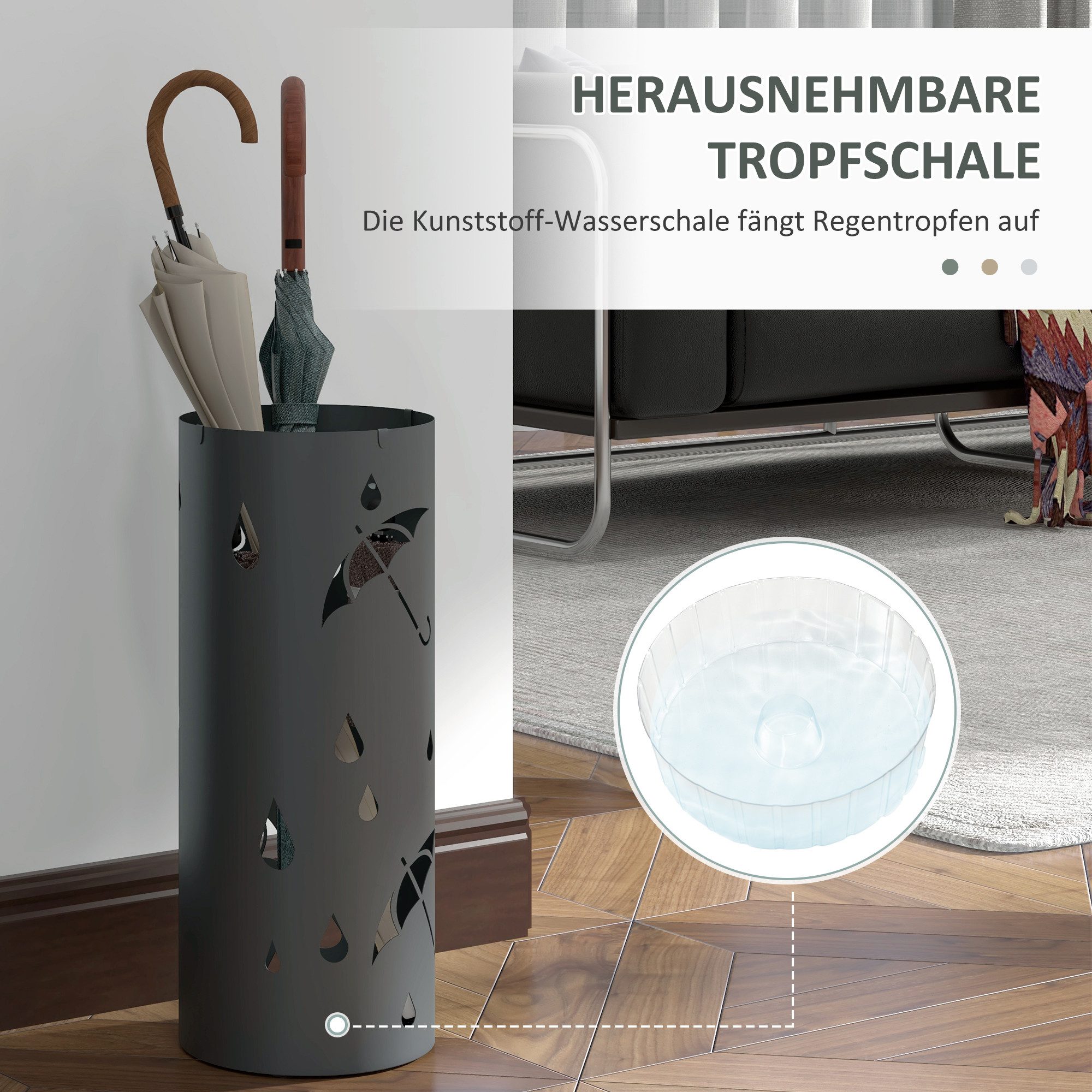 HOMCOM Schirmständer Regenschirmständer mit 4 Haken, Schirmhalter, Stahl, dunkelgrau (Schirmhalter für Gehstöcke, Regenschirme, 1 St., Stahl), Ø17 x 41 cm, Dunk – Bild 5 von 5