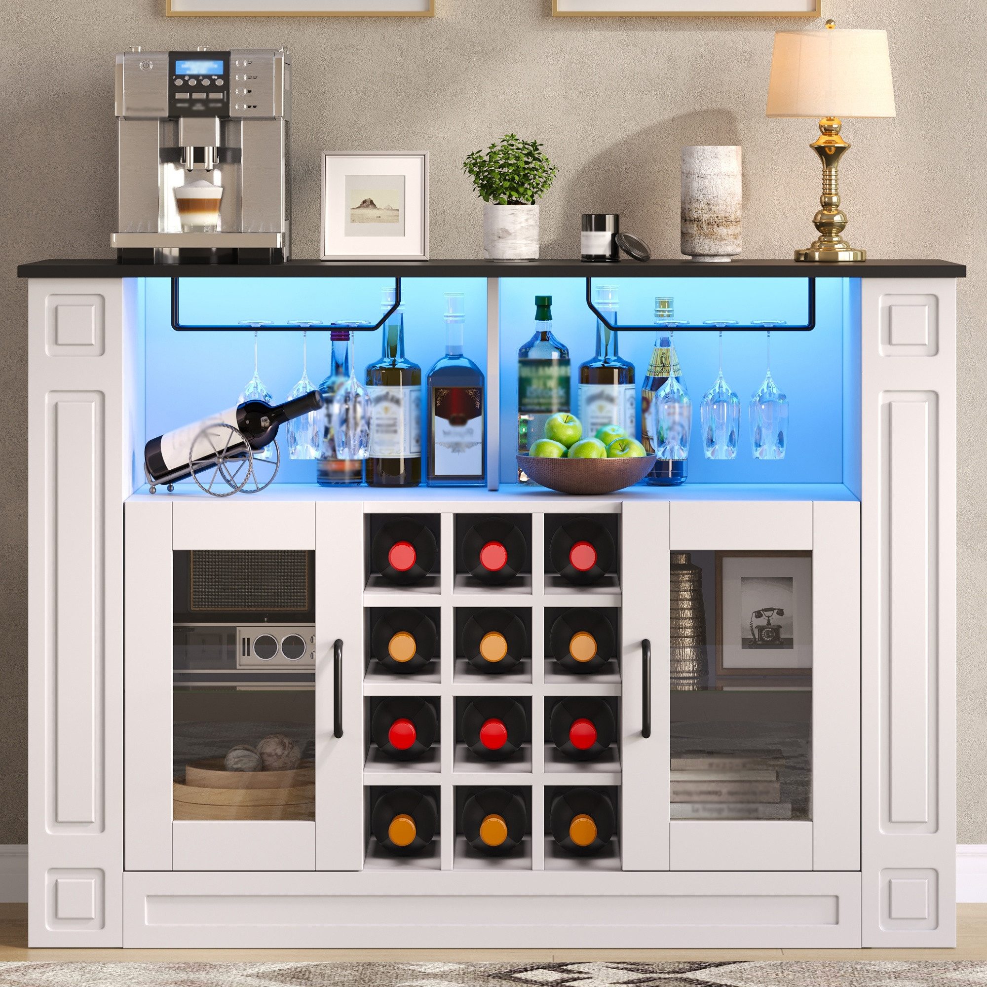Flieks Weinschrank Weinschrank Weinregal Barschrank mit Gläserhalter, LED-Beleuchtung (1-St., 120 × 35 × 84 cm) Weinständer Highboard mit verstellbarer Glaseinlegeböden Weiß