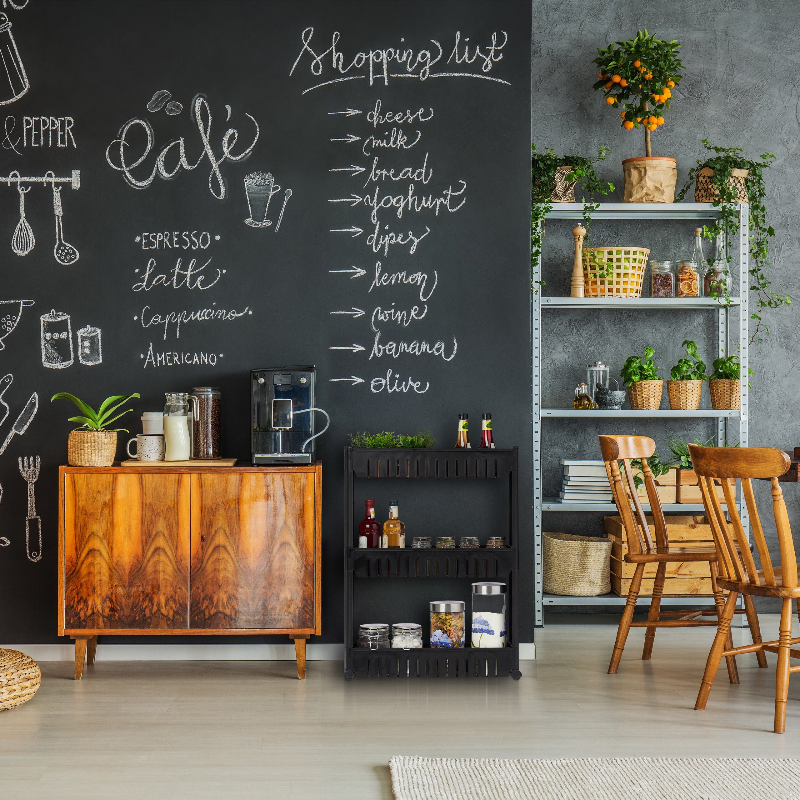 relaxdays Küchenregal Schmaler Nischenwagen mit 3 Ablagen, schwarz günstig online kaufen