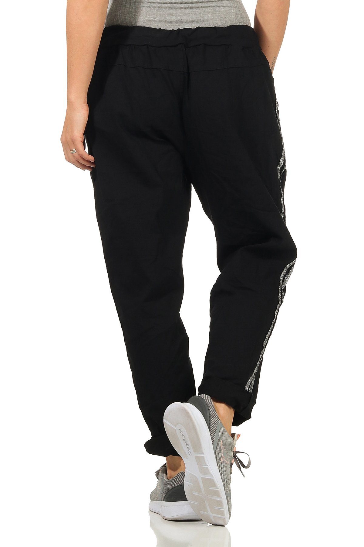 Mississhop Jogginghose Damen Baumwollhose mit Silberstreifen M.348 Schwarz Seitlichen Hose