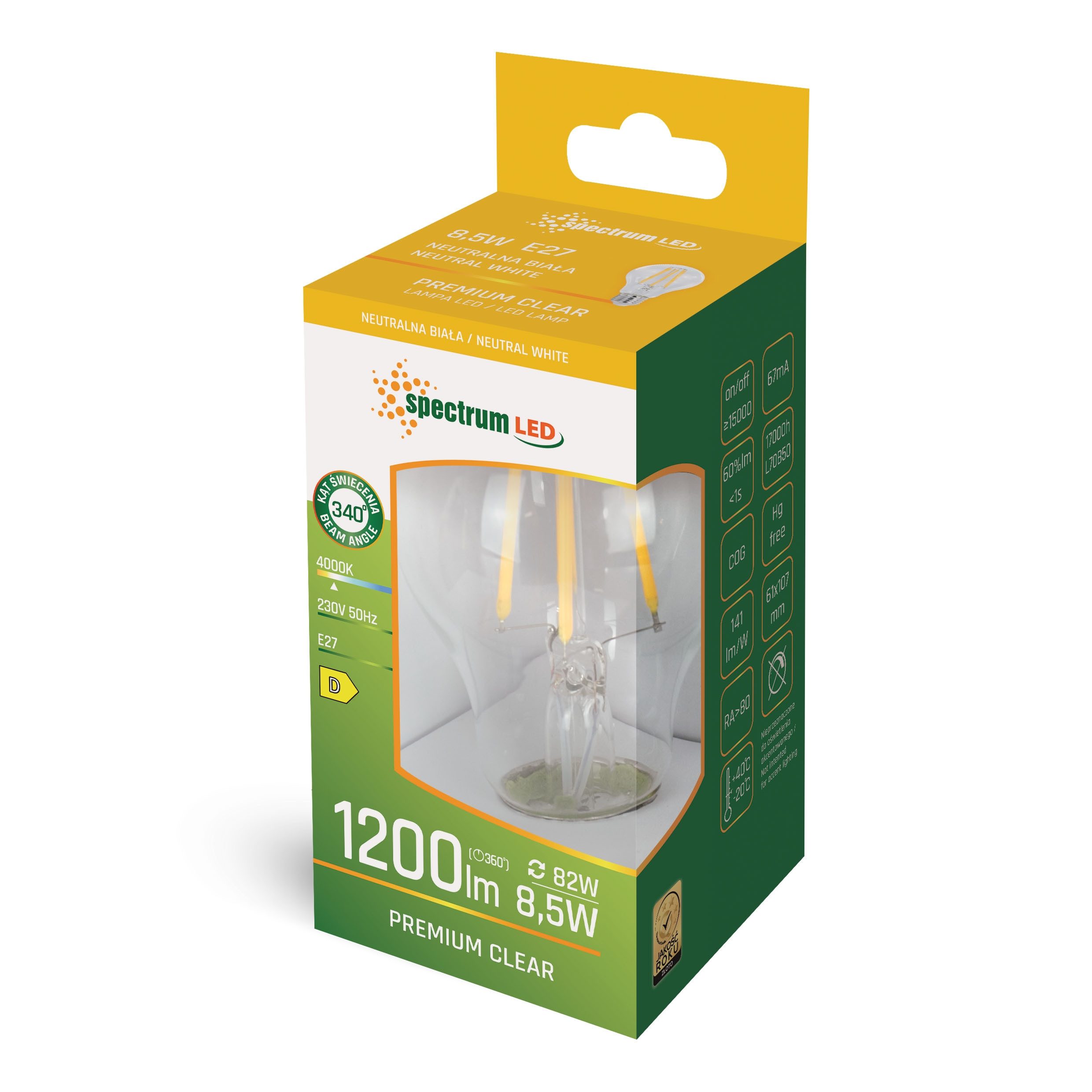 Spectrum LED-Leuchtmittel LED E27 A60 klar 8,5W = 82W 300° Birnenform 1200lm 230V Neutral 4000K, E27, Neutralweiß, Filament klar