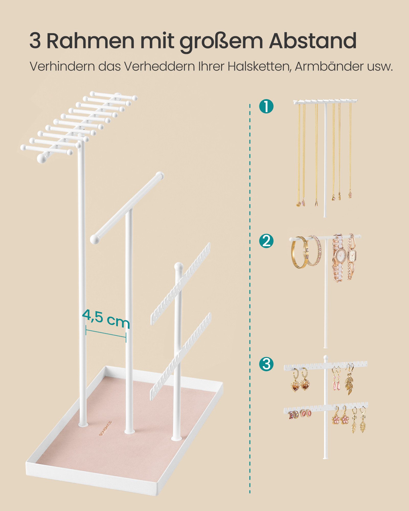 SONGMICS Schmuckständer Schmuckhalter, Metallrahmen, Geschenkidee, Schmucktablett Samt, Schmuckaufbewahrung für Halsketten Armbänder Ohrringe Ohrstecker Ringe