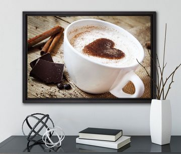 Pixxprint Leinwandbild Tasse Kaffee mit Schokolade, Wanddekoration (1 St), Leinwandbild fertig bespannt, in einem Schattenfugen-Bilderrahmen gefasst, inkl. Zackenaufhänger